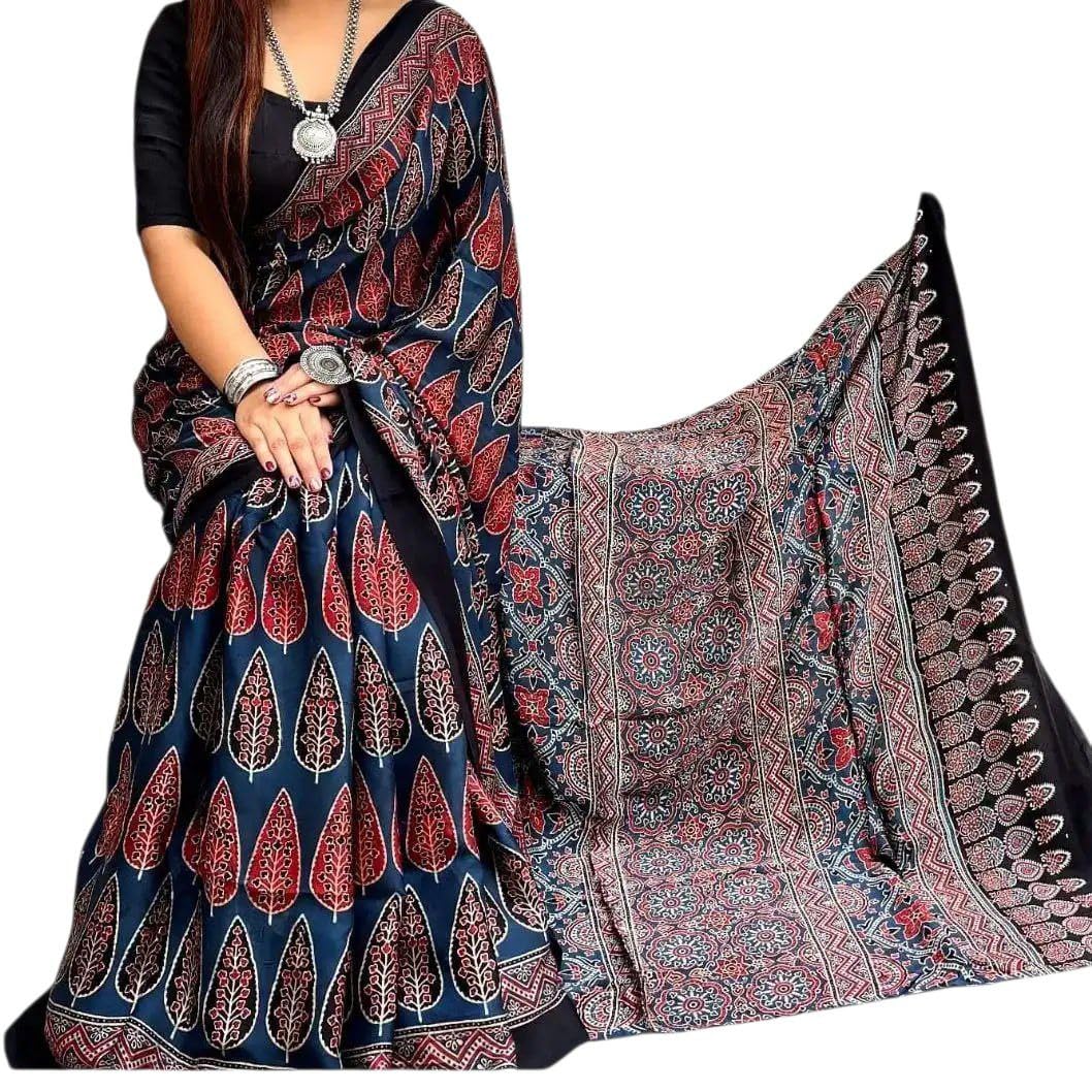 Women's Ajrakh Printed Silk Natural Gajji Silk Soft Saree & Blouse (Unstitched)-image-46
