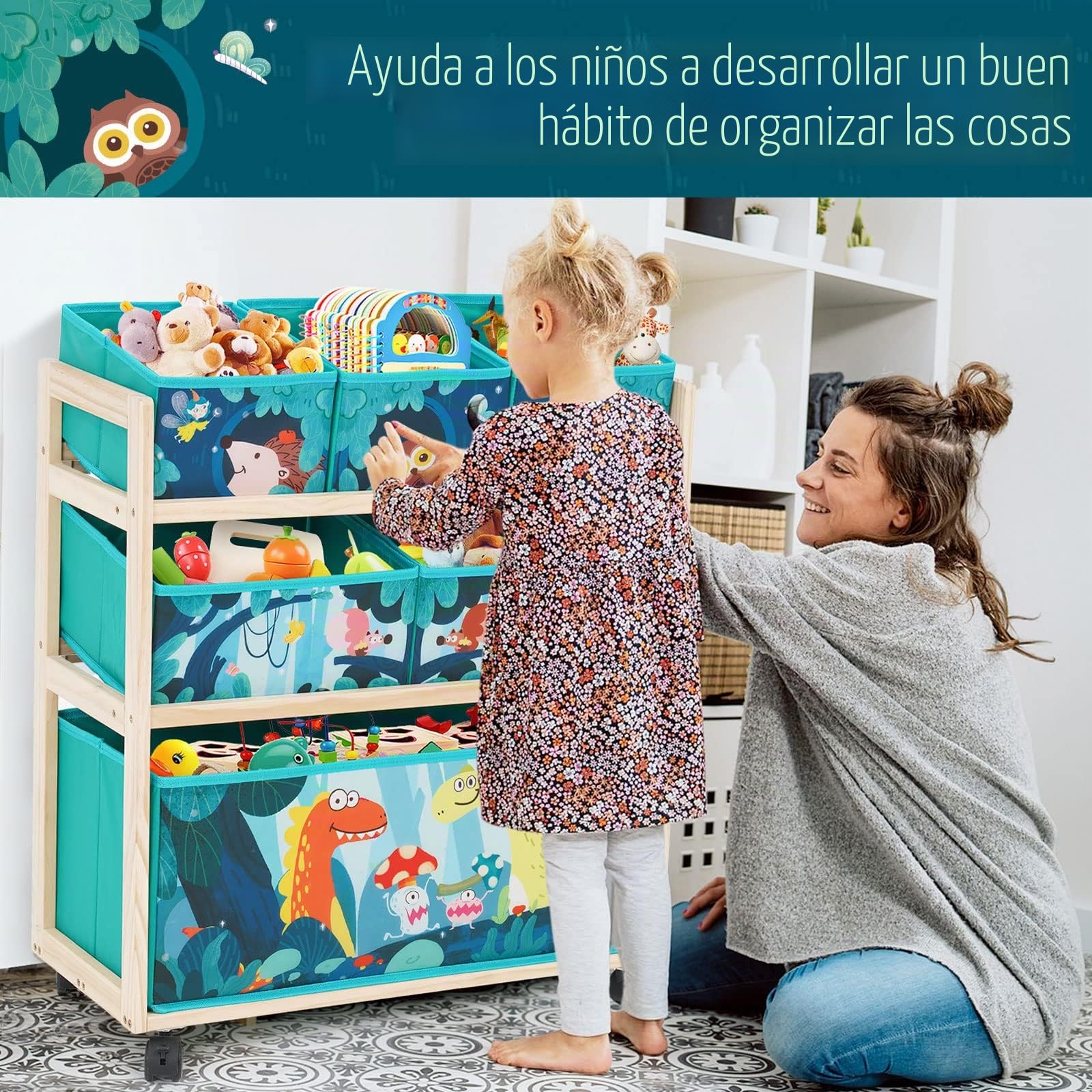 HOMCENT Organizador de juguetes con ruedas y 6 contenedores de almacenamiento de gran capacidad para guardar juguetes en la habitación de niños, tema de dinosaurios