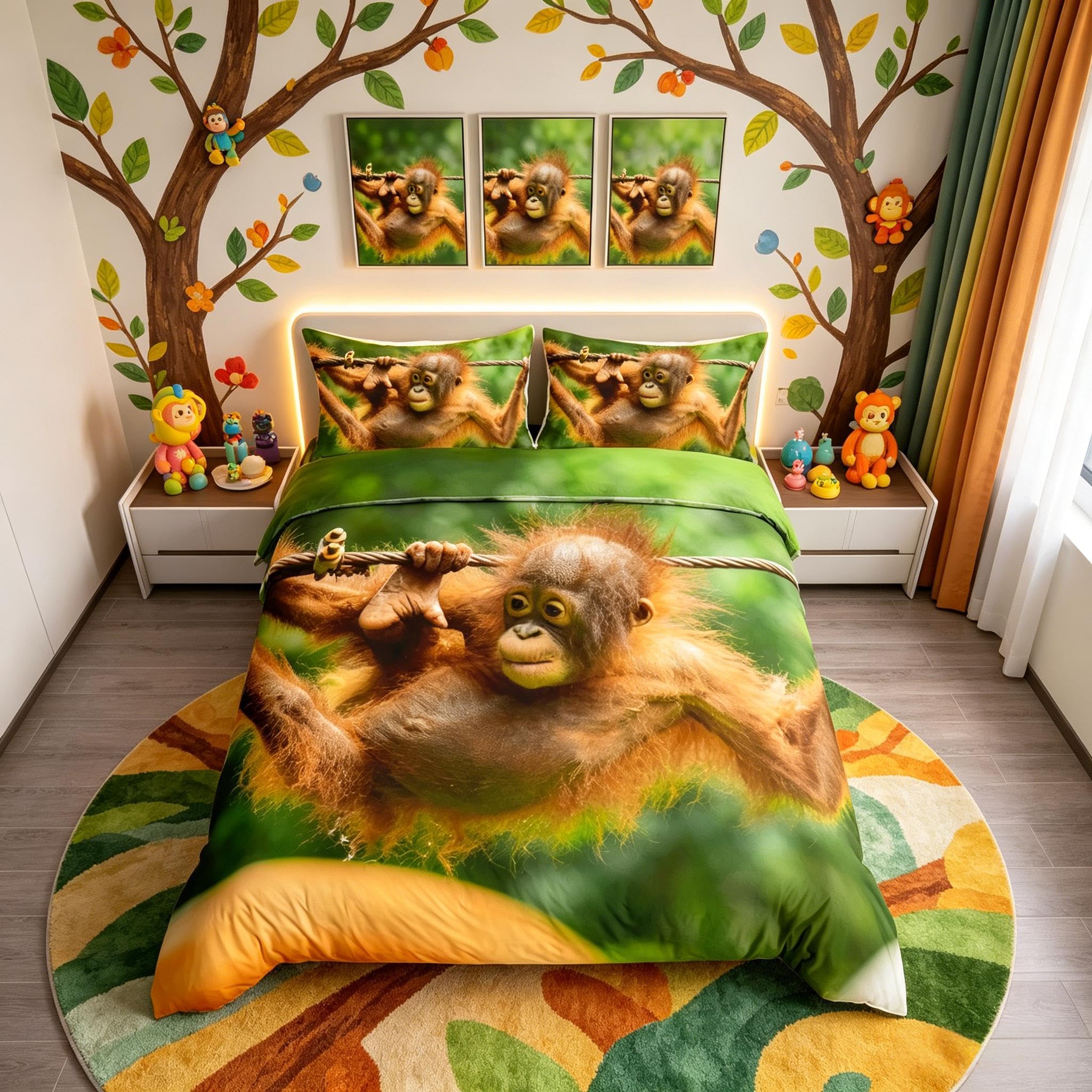 richhome Monkey Green Bedding Set for Kids Children Double Primates Comforter Cover Leave Play Duvet Cover Bedspread Cover 3pcs Bedding Set