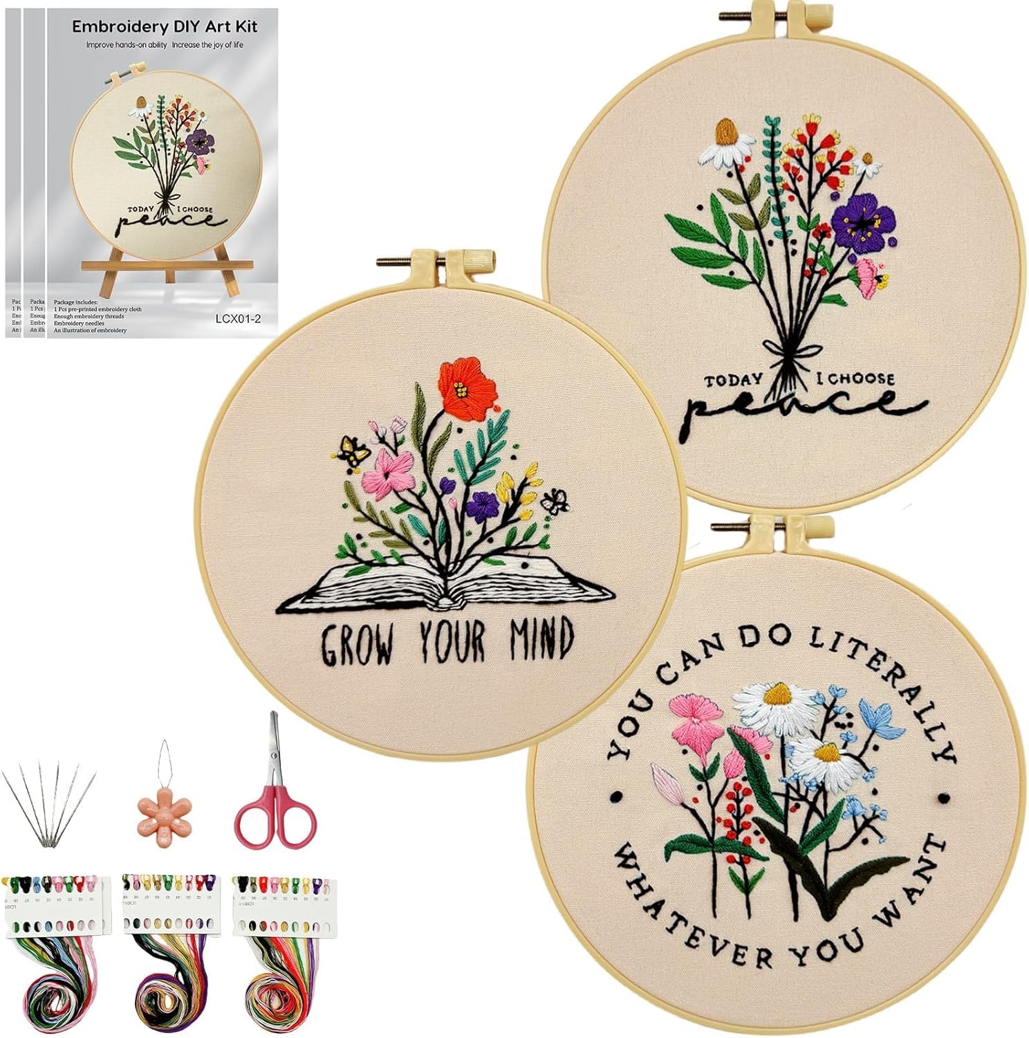 Yiens 3 Set Embroidery Kit, Beginner Set, Embroidery Kit, Handmade, Popular DIY Embroidery Tool, Cross Stitching, Embroidery Frame, Embroidery Thread, Embroidery Needles, Cloth, Scissors, Stylish, Gif