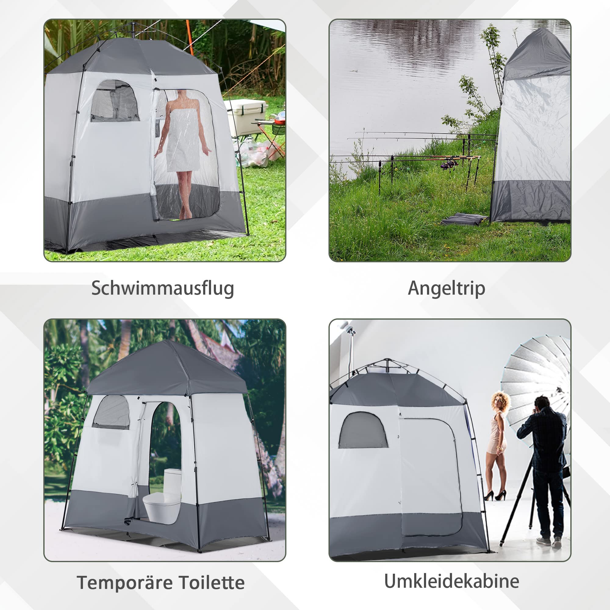 Outsunny Shower Tent for 2 Person Toilet Tent with Transport Bag 3 Doors 2 Windows Camping Changing Tent Changing Room Storage Tent Light Grey Grey