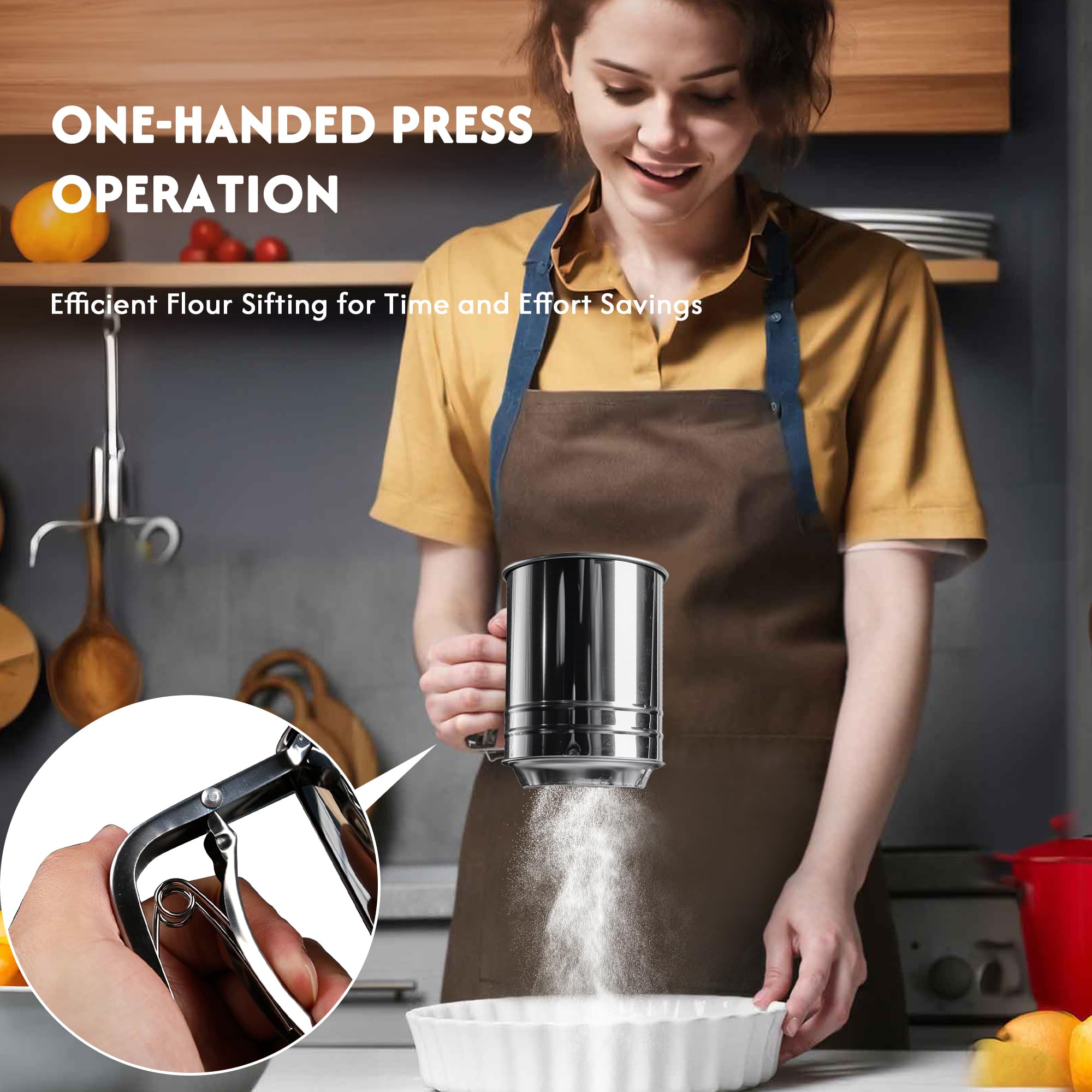 Zoeynex 3-Cup Flour Sifter for Baking, Stainless Steel One-Hand Press Sifter with Double-Layer Fine Mesh - Includes Bonus Dough Scraper/Cutter for Bread & Pastry (White)