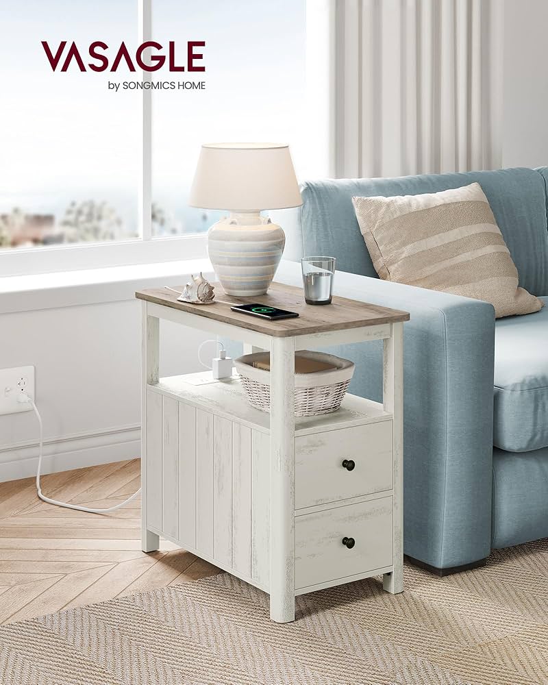 我谷風盆　約32cm×約22.5cm×約3.5cm VASAGLE Side Table with Charging Station, Narrow Nightstand