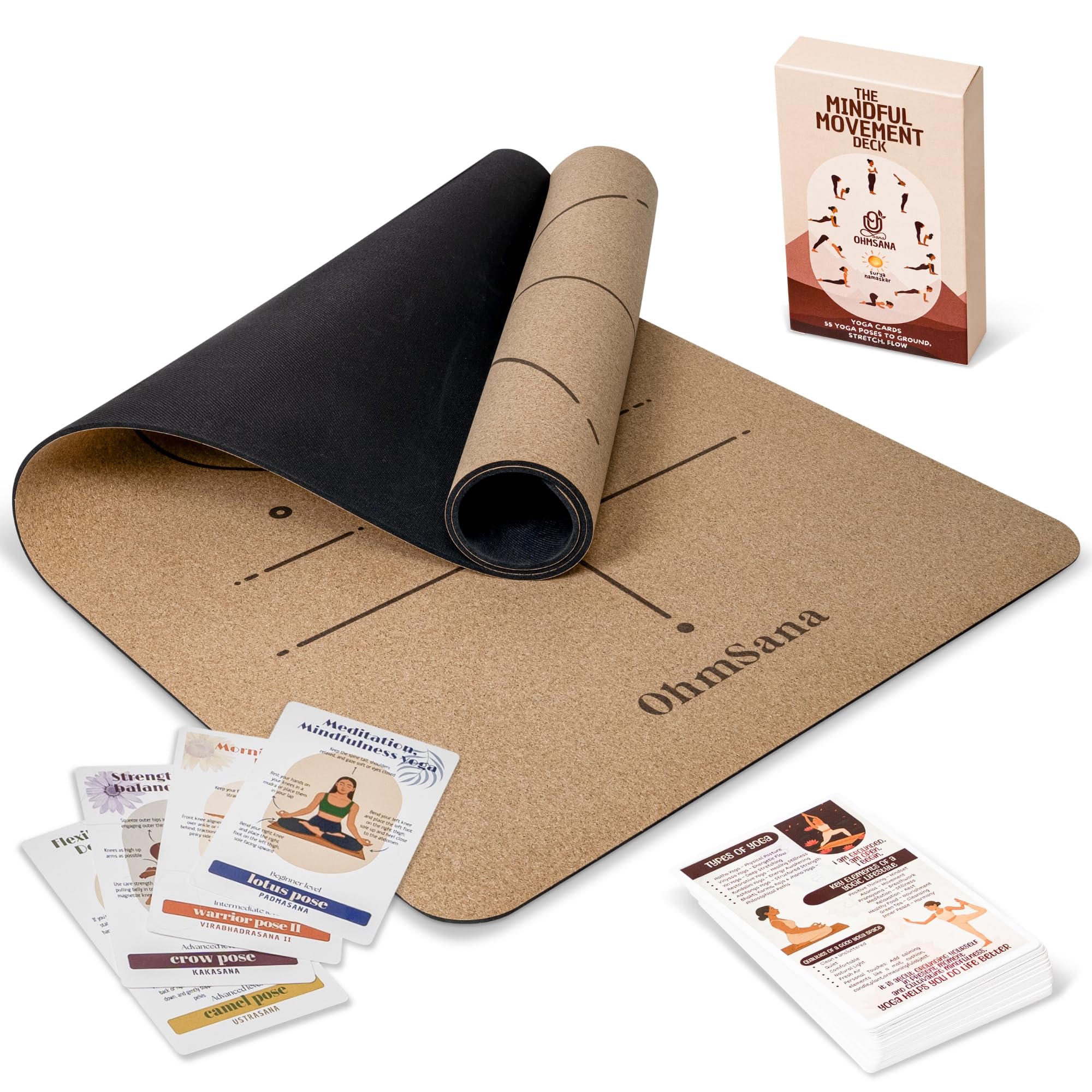 Ohmsana Natural Cork Yoga Mat with Alignment Lines & 55 Instructional Cards in 7 Themes for Beginners — 183x66x5mm, Non-Slip Eco Friendly