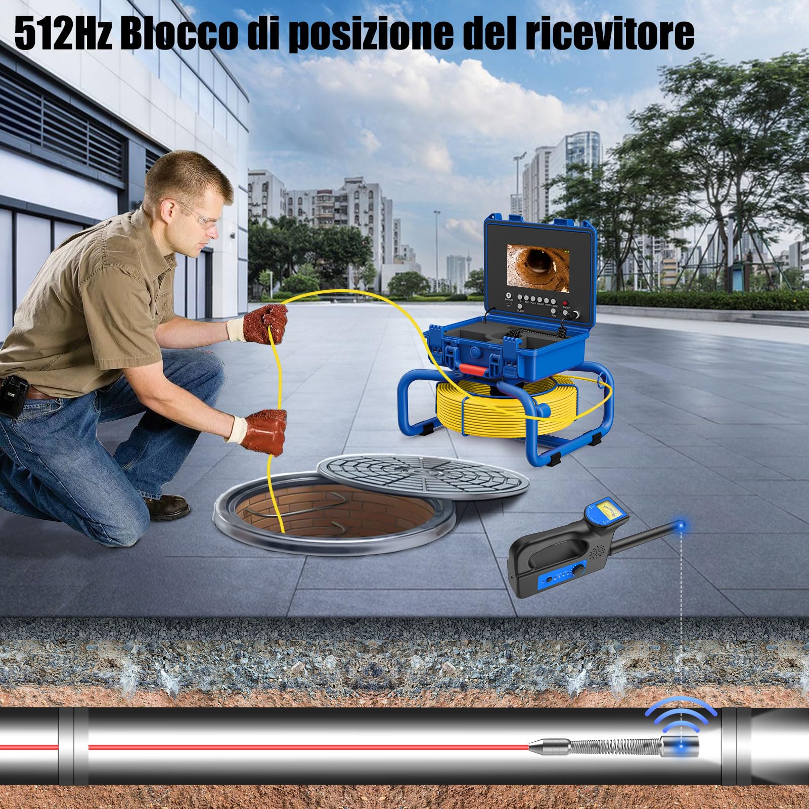Telecamera Ispezione Tubi 30 Metri con Ricevitore 7" DVR Telecamera Endoscopica del Tubo Scarico Fognario Conduttura Industriale IP68 Impermeabile Autolivellante con Contatore di Distanza