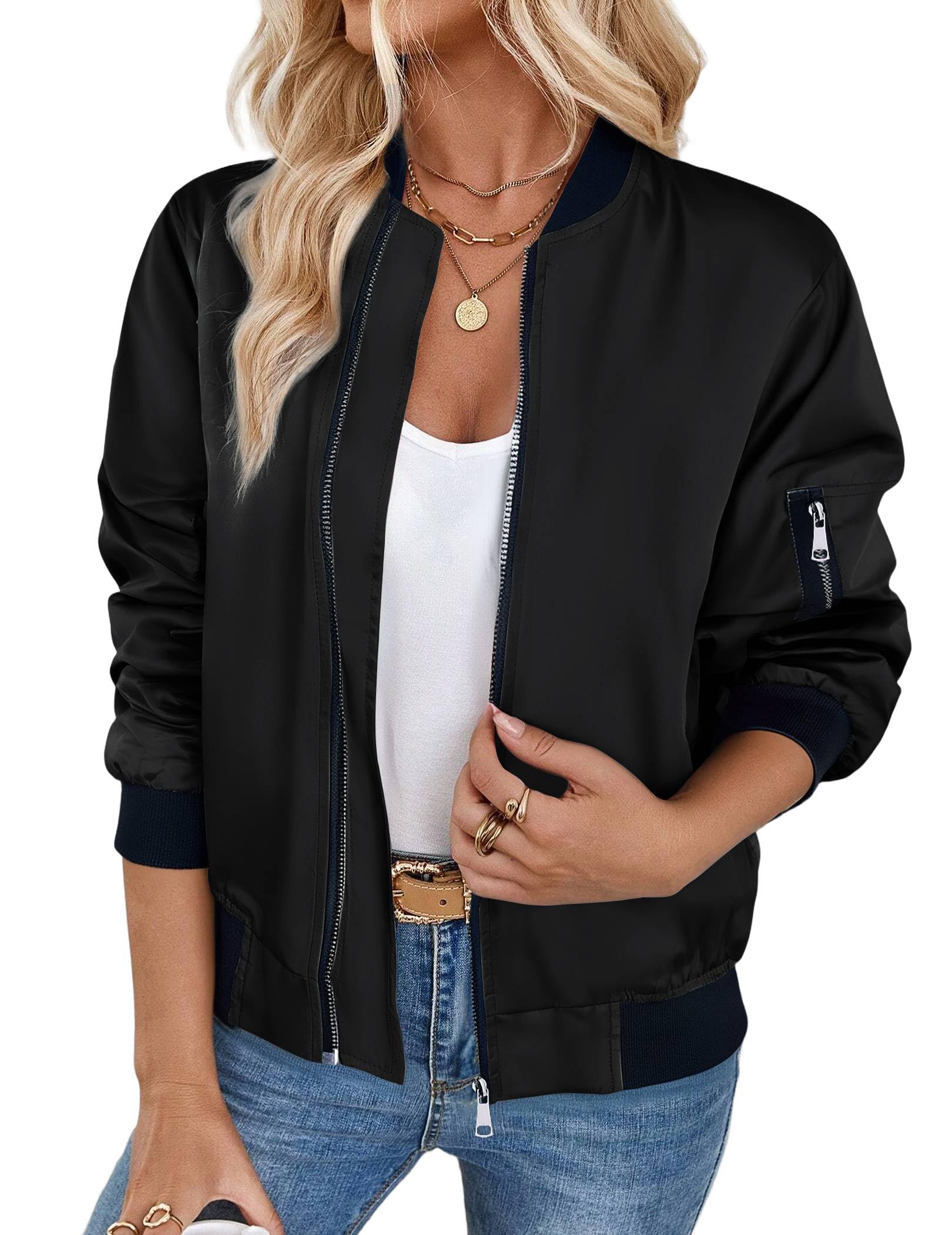 Zeagoo Chaqueta Bomber Mujer Ligera Corta Otoño Invierno Manga Larga Cremallera Cazadora Casual XS-3XL