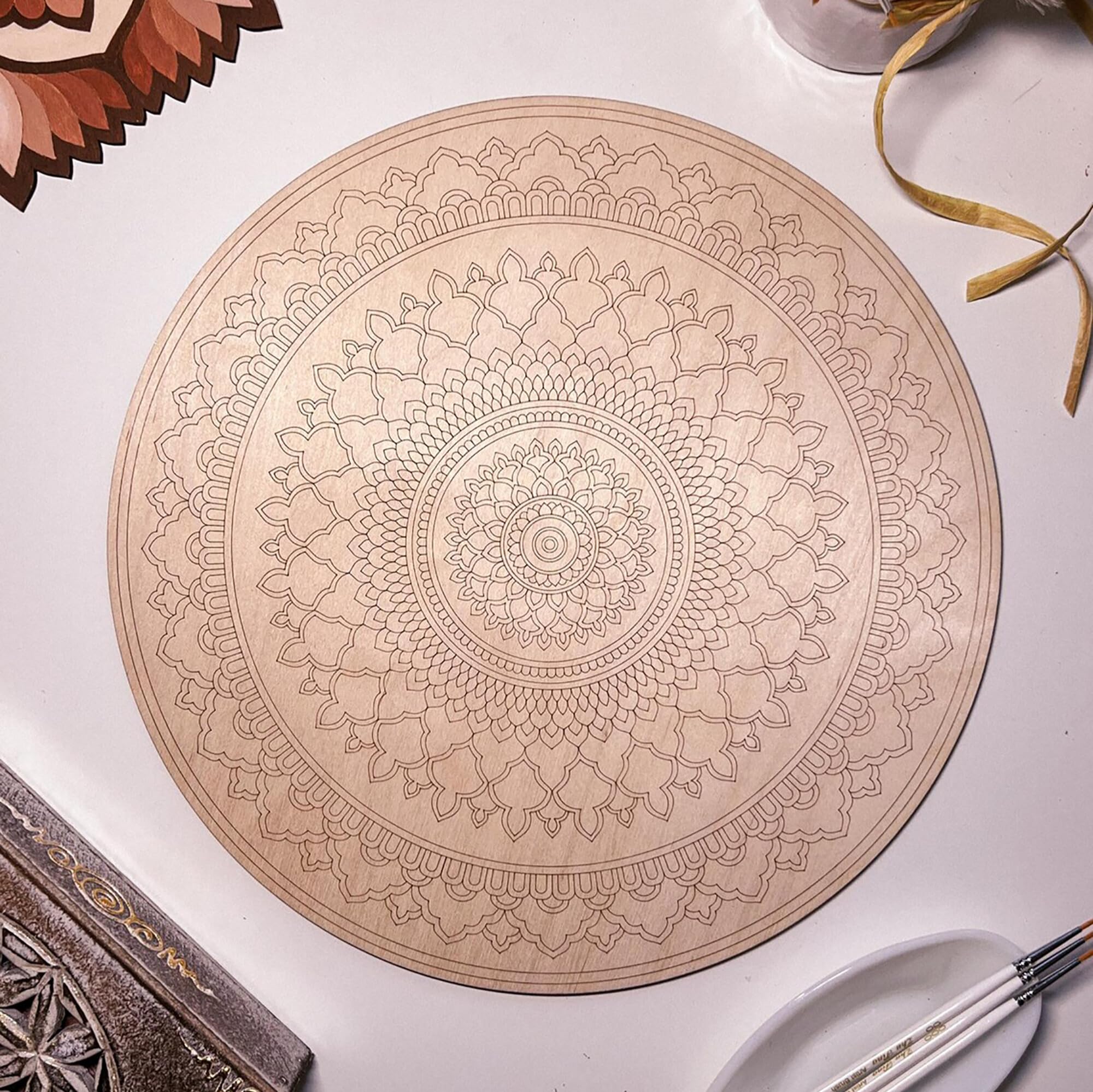 American Elm Pre-marked 30 cm Wooden Mandala Board Good MDF Coloring Art for Adults DIY Wall & Art Therapy Craft with Intricate Laser Cut Design