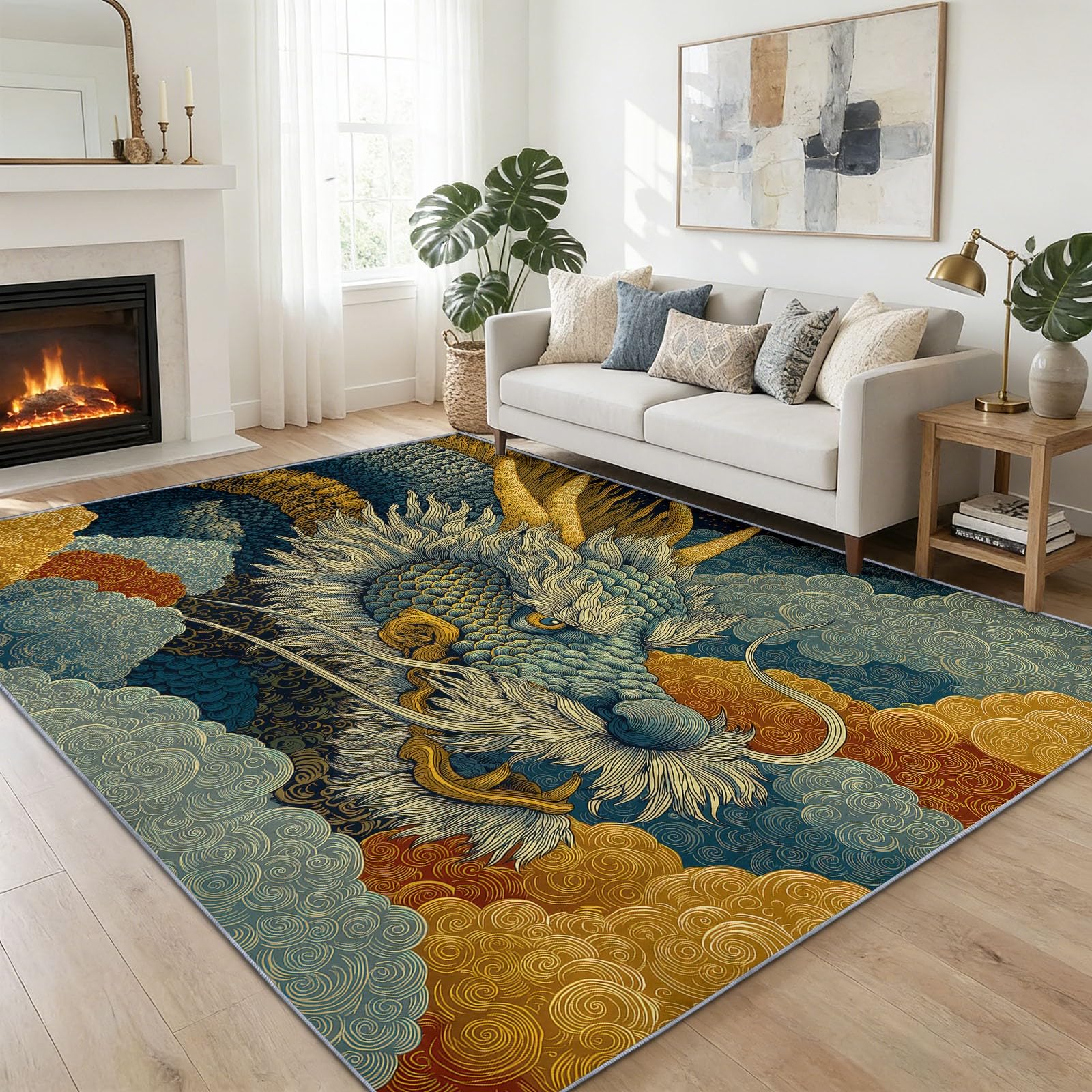 Fantasy - Alfombra de franela con diseño de dragón gigante, 120 x 170 cm, diseño de dibujos animados japoneses, lavable, antideslizante, de pelo corto, para salón, comedor u oficina, fácil de limpiar