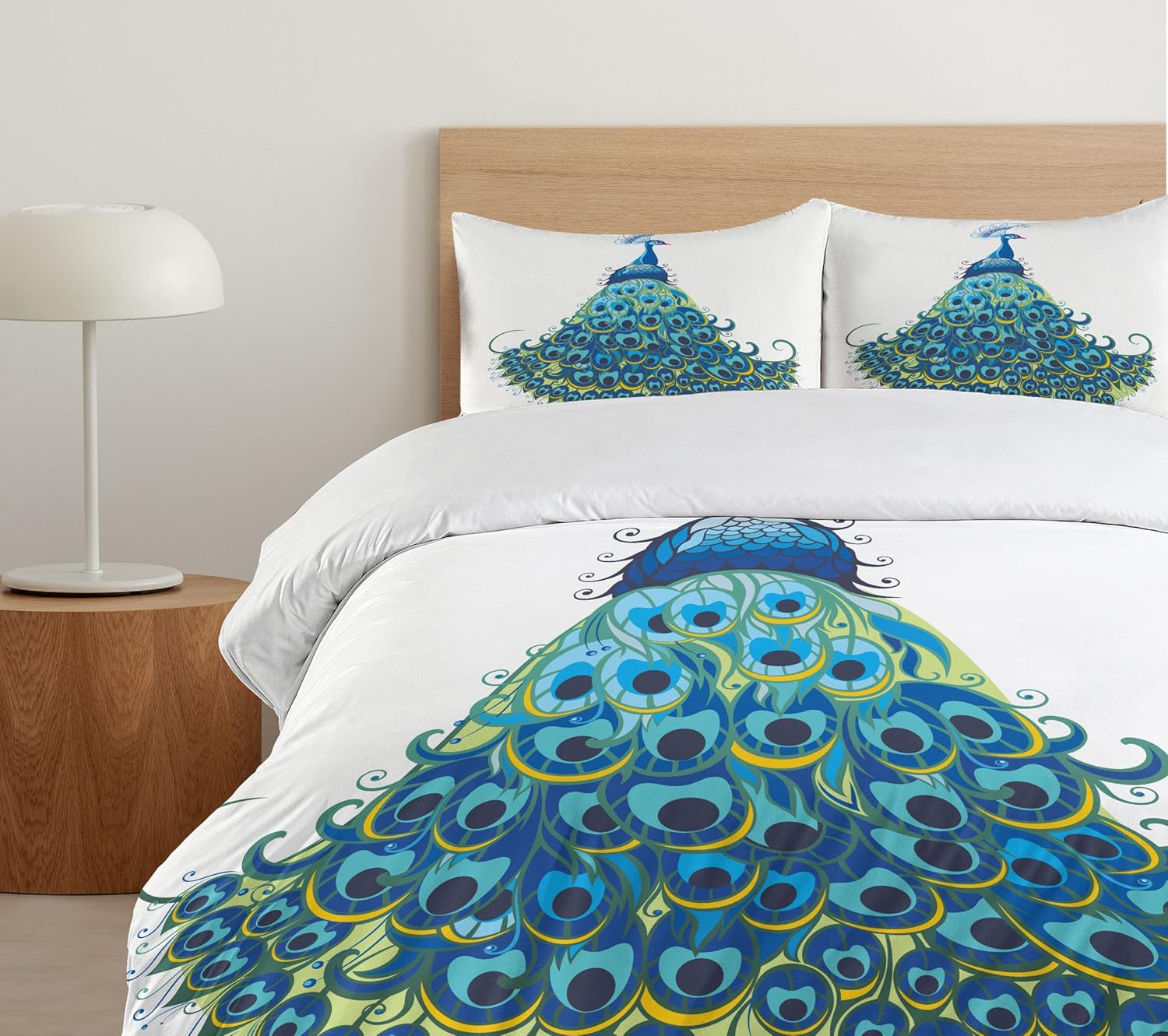 Ambesonne Peacock Duvet Cover Set, Peacock Illustration Floral Classical Curvy Design Tropics Wildlife Theme, Decorative 3 Piece Bedding Set with 2 Pillow Shams, King Size, Blue Yellow King Blue Yellow