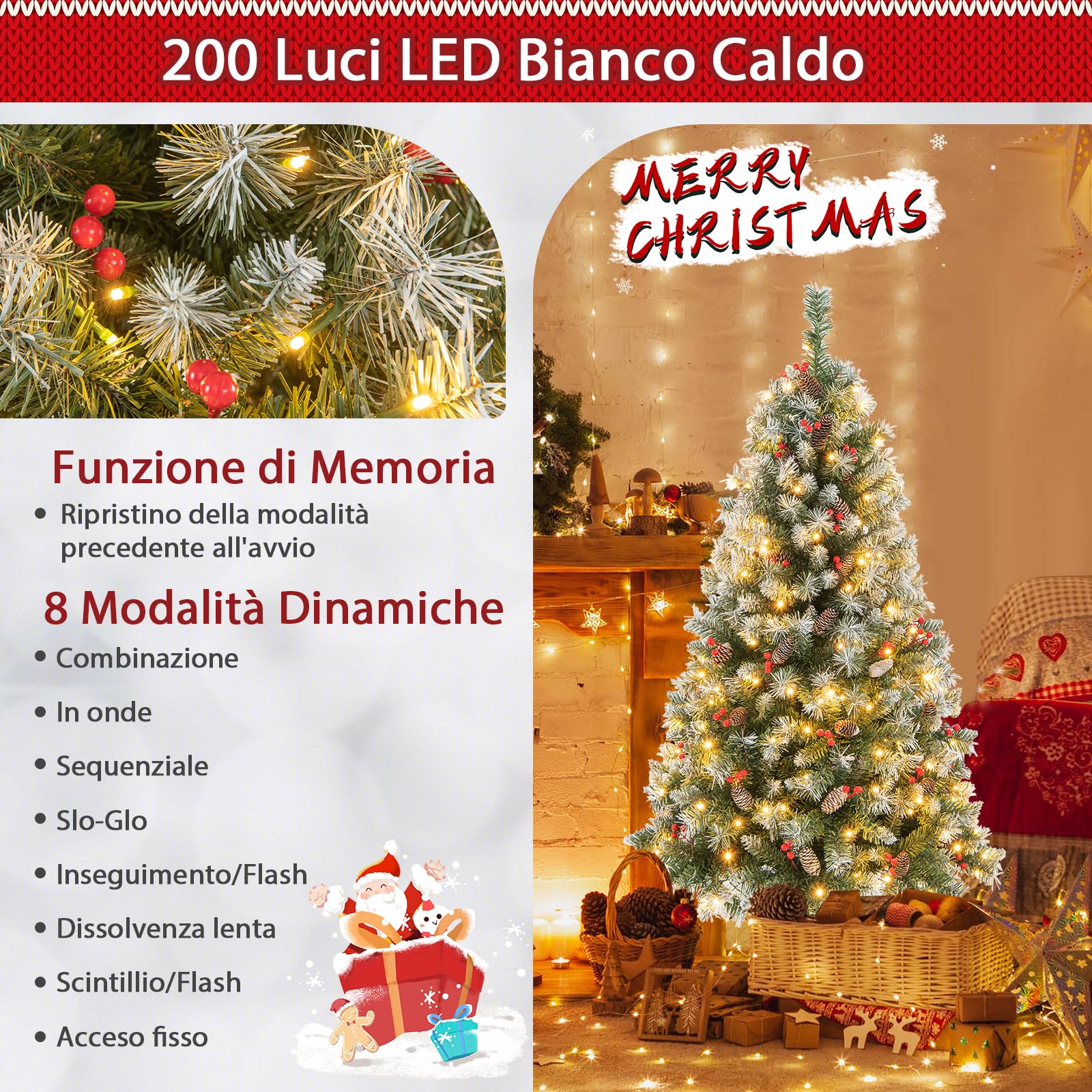 GYMAX 150 cm Albero di Natale Innevato Automatico, con 200 Luci a 8 Modalità, 450 Rami in PVC, 26 Pigne e 126 Bacche, Folto e Realistico, Base Pieghevole in Metallo, Montaggio Facile
