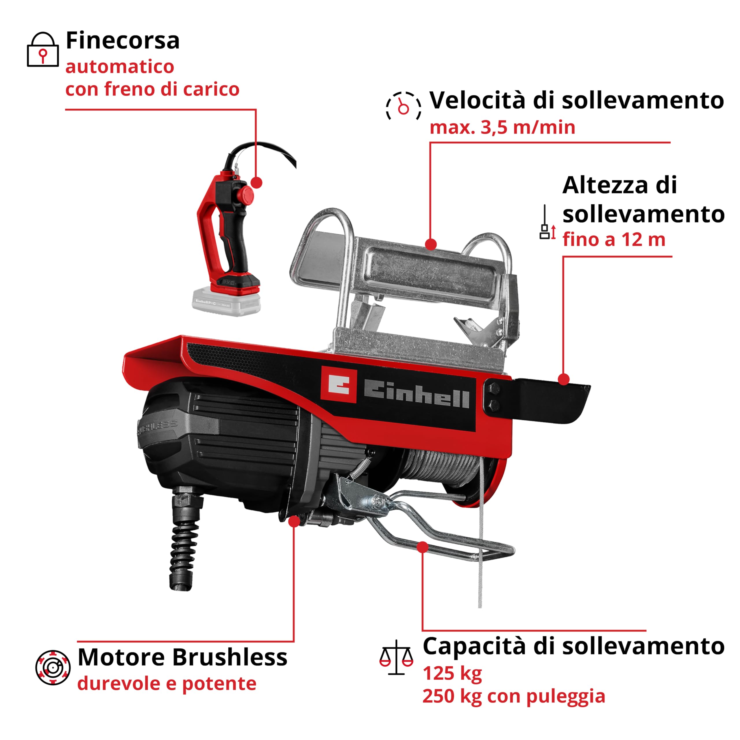 Einhell paranco a batteria TE-EH 18/250 Li BL Power X-Change (18 V, Brushless, portata 125 kg / 250 kg con puleggia, altezza di sollevamento 12 m, velocità di sollevamento 3,5 m/min, fune d’acciaio)