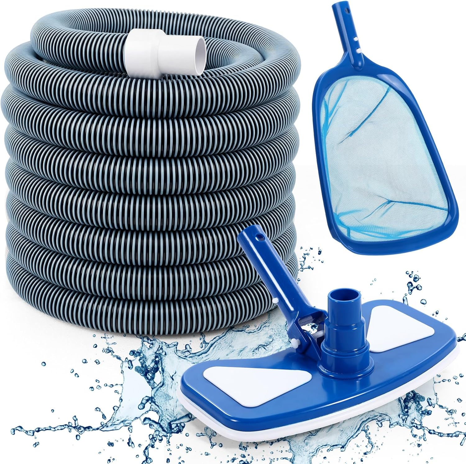 3 Pcs Pool Vacuum Kit Manual Vacuum Head with 1-1/2" x 18ft Long Hoses and Skimmer Net Flexible Head Wheels, Maintenance Accessory Tool for Above Ground Inground Pool Cleaning