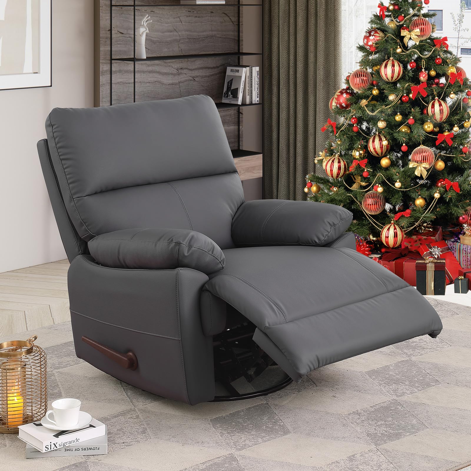 poplarbox Manual Recliner Chair with Lever Handle, 360° Swivel Elderly Rocker Recliner Chairs, Single Seat upholstered Recliner Sofa Chair for Living