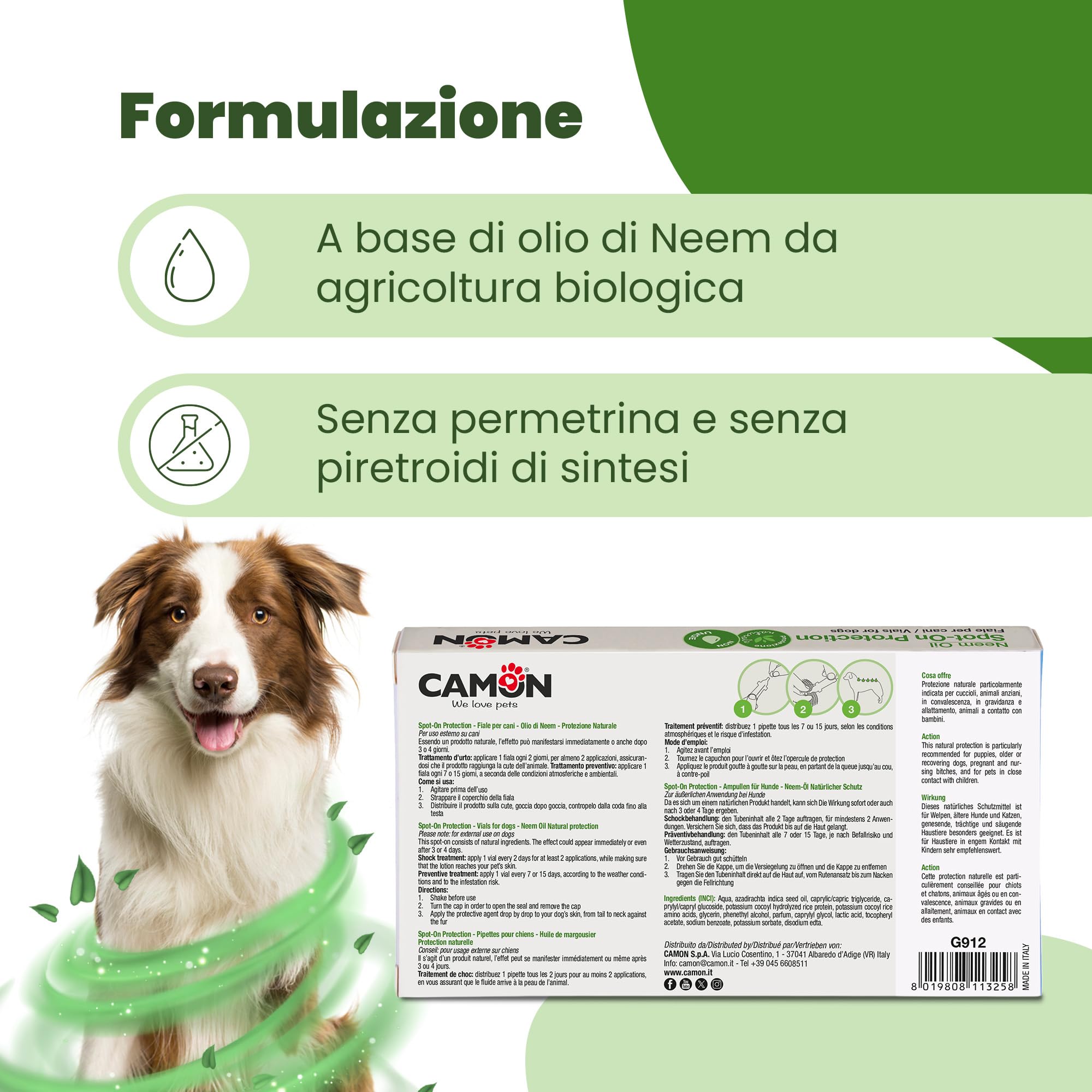 CAMON | Spot-On Protection Cane (>11kg), 5 Fiale da 5ml con Olio di Neem, Protezione Naturale per Cani