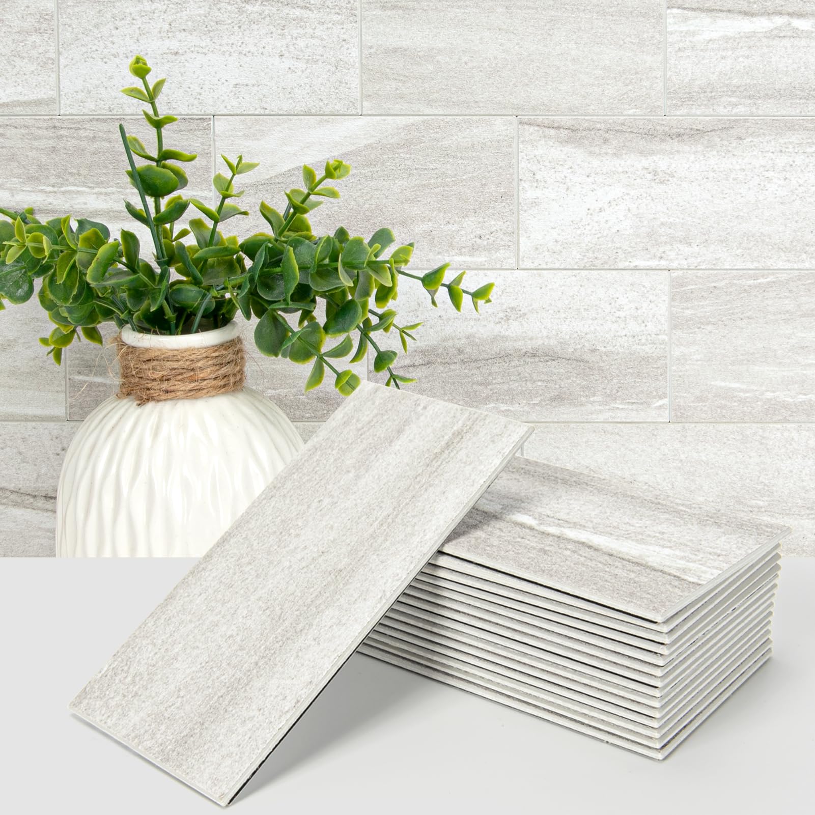 Art3d Gray White 102-Piece Faux Stone Peel And Stick Backsplash Tile, Waterproof Thick Pvc Stick On Subway Wall Tile For Kitchen Bathroom Laundry Room Fireplace - 3" X 6"