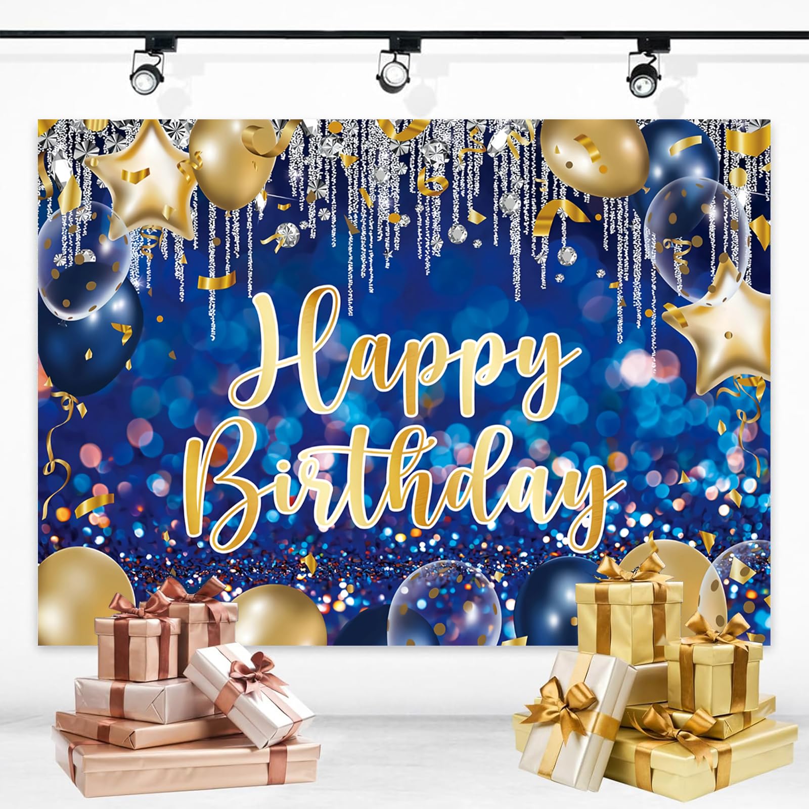 Happy Birthday Decor - Blue Gold Birthday Party Photo Props & Sign Banner - Large, Girls & Boys Occasion