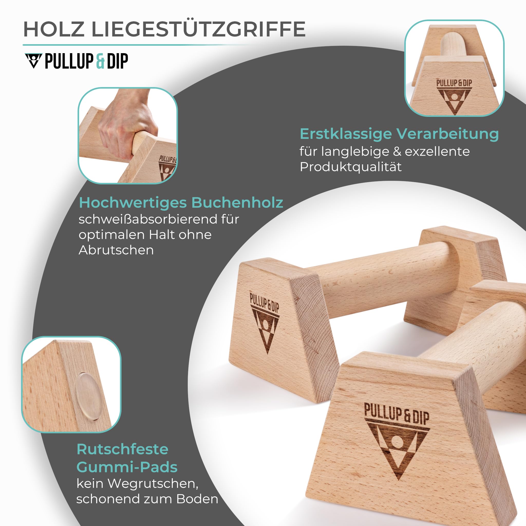 PULLUP & DIP Liegestützgriffe aus Holz inkl. Handgelenkbandagen – Ergonomische Handstandgriffe, rutschfeste Push-Up Bars für Calisthenics, Fitness & Oberkörpertraining