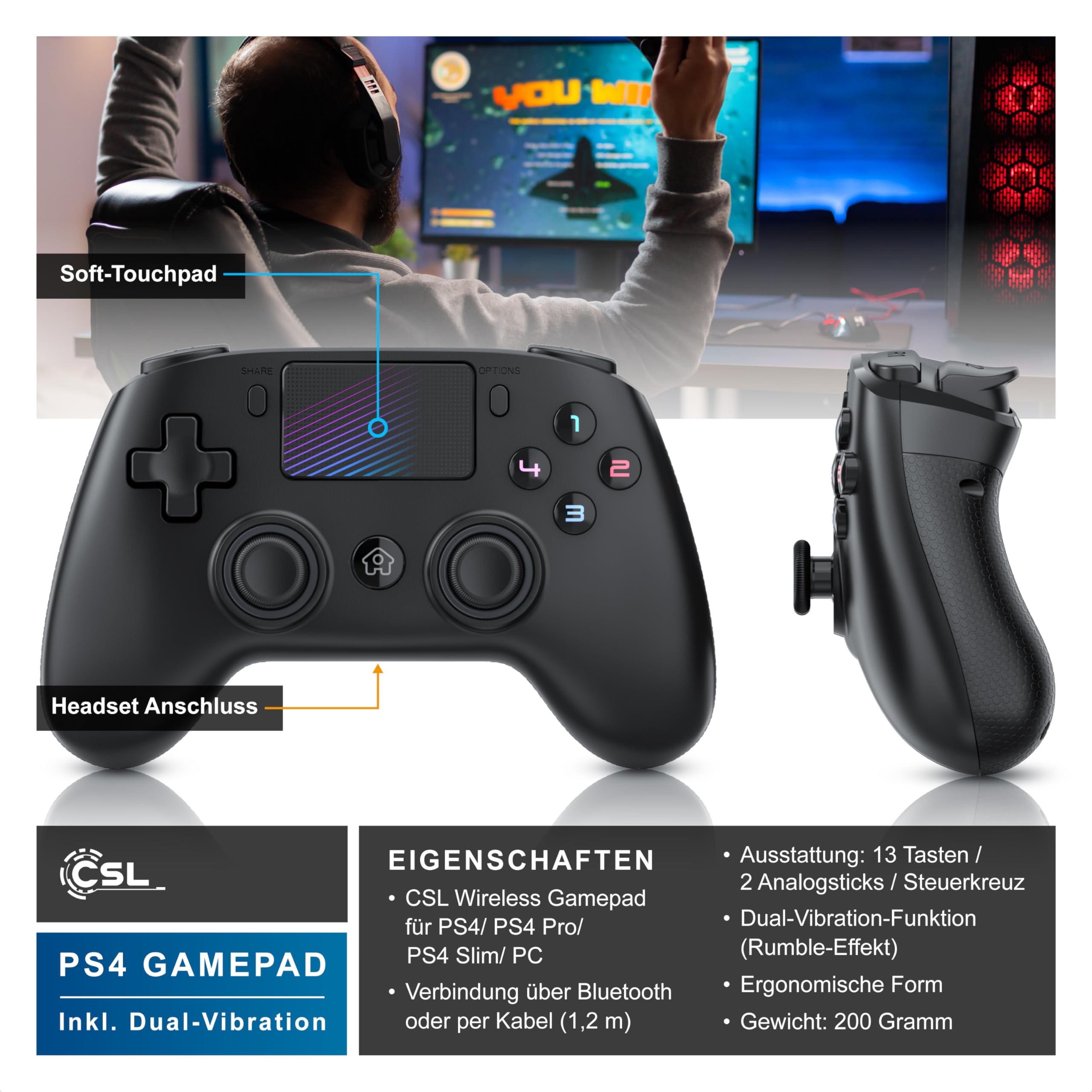 CSL - Wireless Gamepad für PC und PS4 - PC Anschluss - Wireless Controller - Dual Vibration - Headset Ausgang - Turbo Funktion - Touchpad - Share-Taste - M-Taste für freie Belegung