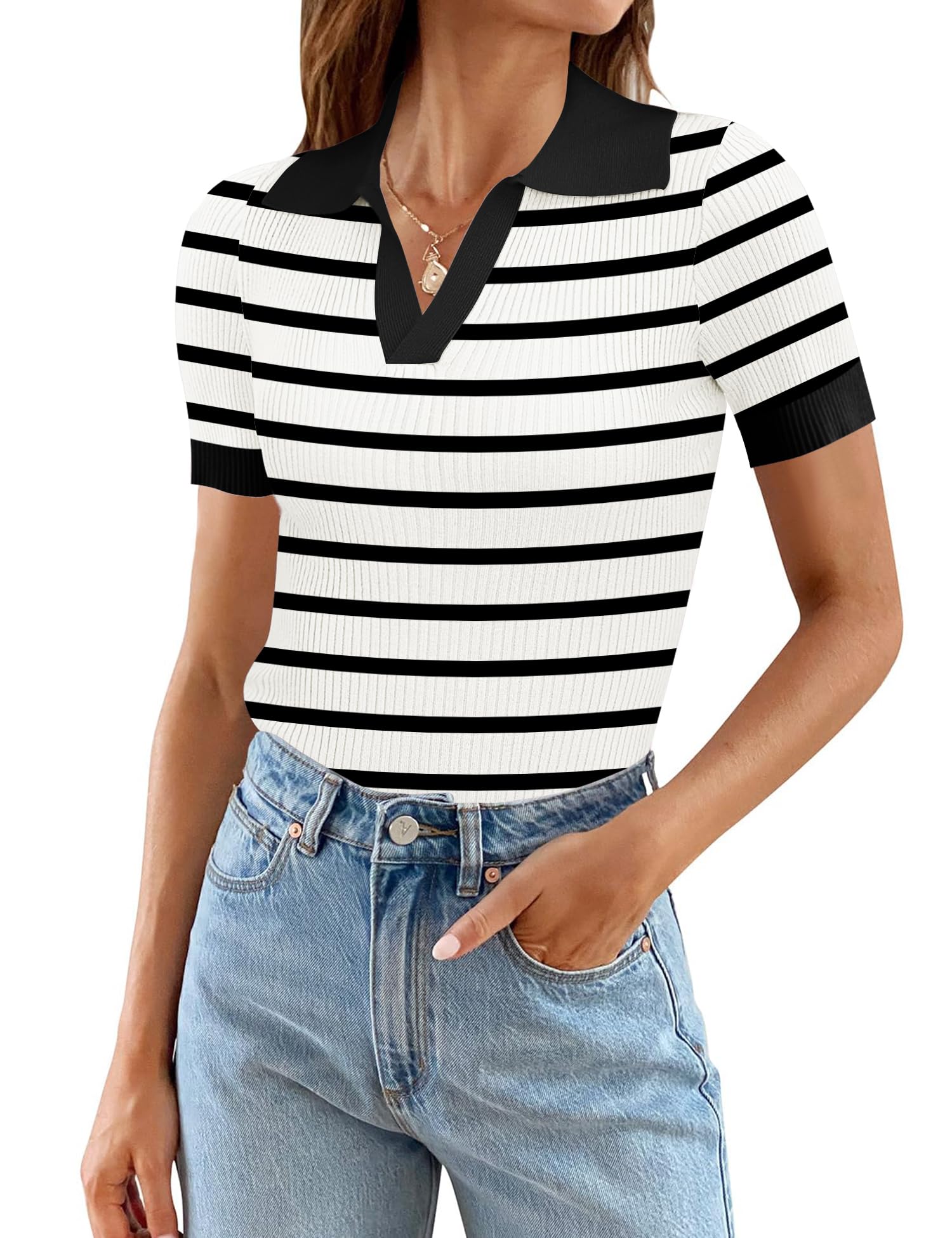 Ivicoer Womens 2025 Summer V Neck Short Sleeve T Shirts Slim Fitted Ribbed Knit Casual Tee Tops