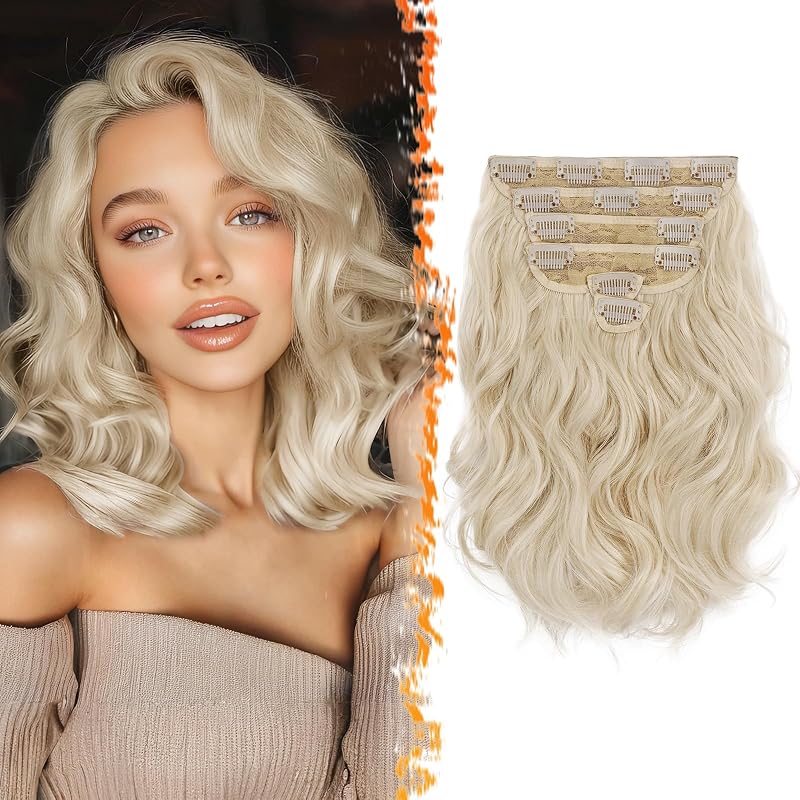 BARSDAR Short Wavy Clip in Hair Extensions - 12 Inch Blonde Hair Extensions Clip in for Women - 6PCs Thick Soft Synthetic Hairpieces Daily - Light Blonde