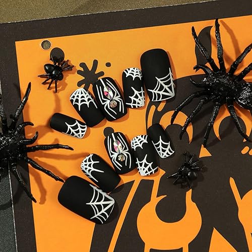 Miniatura 4 de Uñas postizas medianas a presión de Halloween, uñas acrílicas de araña blanca y telaraña, uñas postizas mate con diamantes de imitación, uñas
