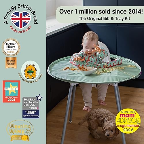 Vista 2 de Tidy Tot- Baby Bib & Tray Kit - Mess Proof Long Sleeve Smock Attaches to Feeding Mat, Waterproof Bib - Fits Babies 6-24 Month Kit verde salvia