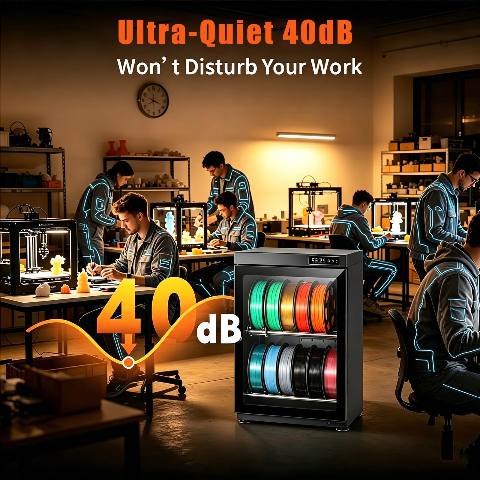 Filament Trockner für Empfindliche 3D Materialien, Aufbewahrungsbox für Nylon PC TPU, Automatische Entfeuchtung, Präziser Sensor Hält 15%-60% RH, Leise 10W