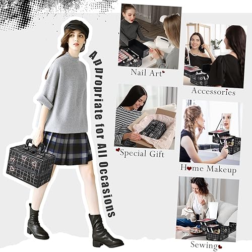 Vista 43 de Joligrace Estuche organizador de maquillaje, caja de maquillaje portátil para cosméticos, estuche de almacenamiento duro con 2 bandejas de bloqueo