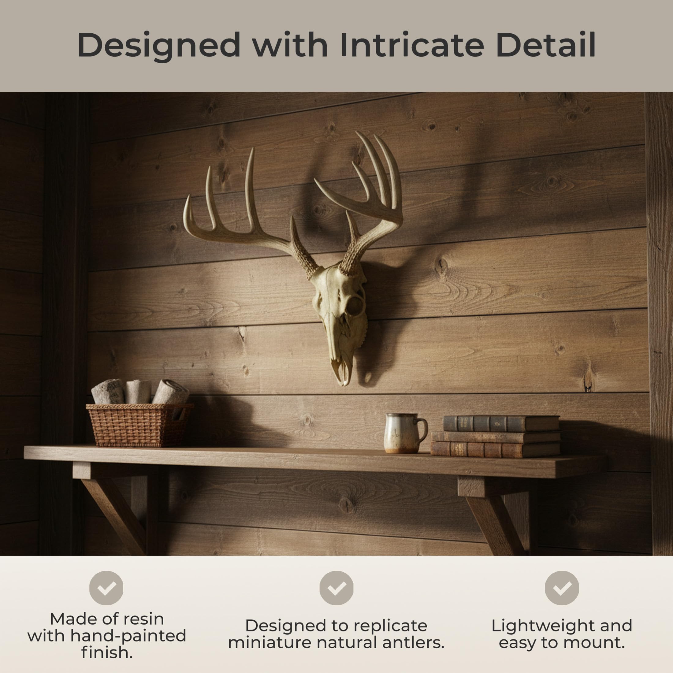 Zeckos Faux Deer Skull Wall Sculpture 15 Inch 10-Point Antlers | Cast Resin Hand-Painted Beige Aged Finish Ready to Hang for Indoor Lodge or Western Decor product thumbnail 7