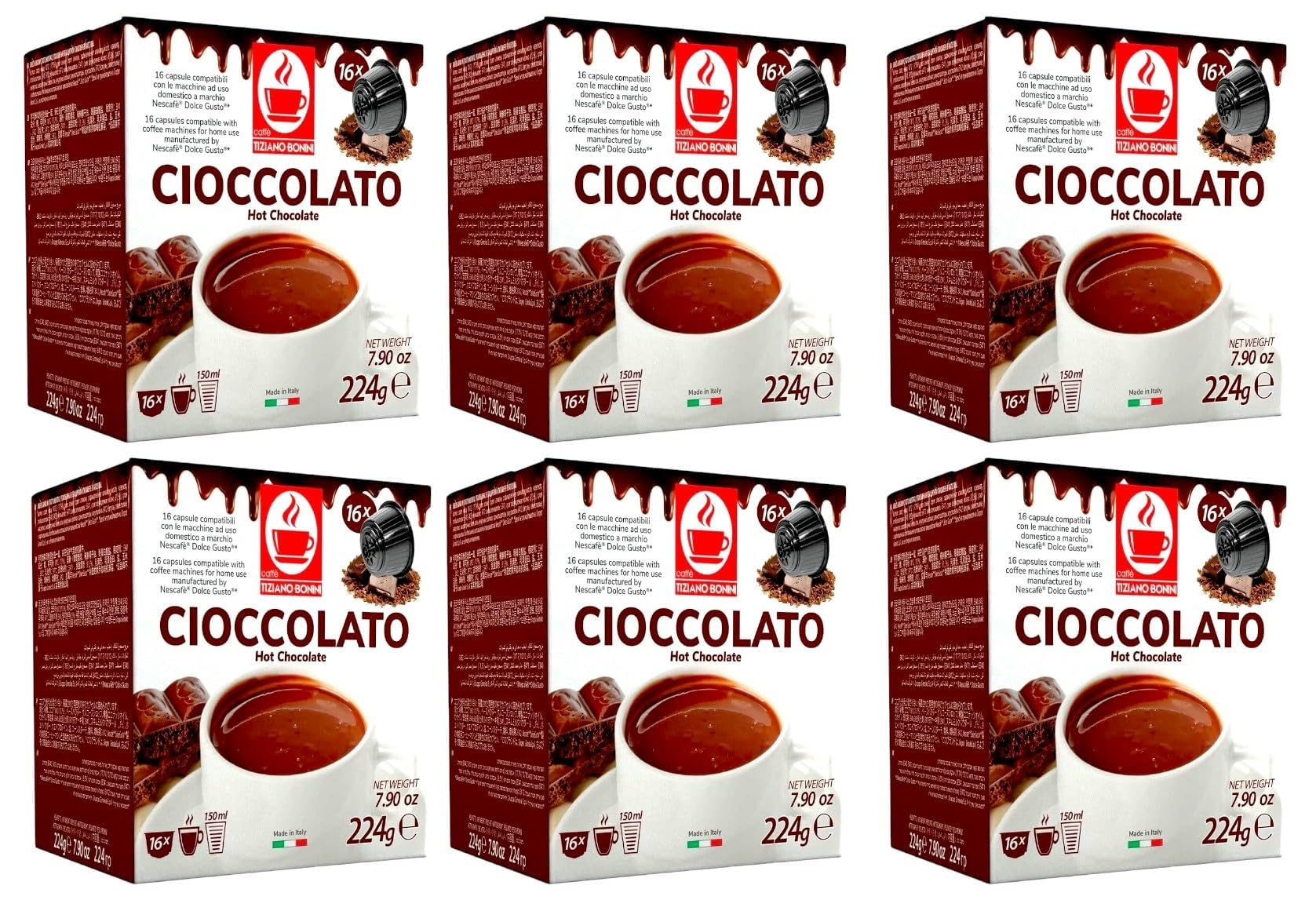 Bonini Dolce Gusto Compatible Hot Chocolate Pods (Pack of 6, Total 96 Pod, 96 Servings)