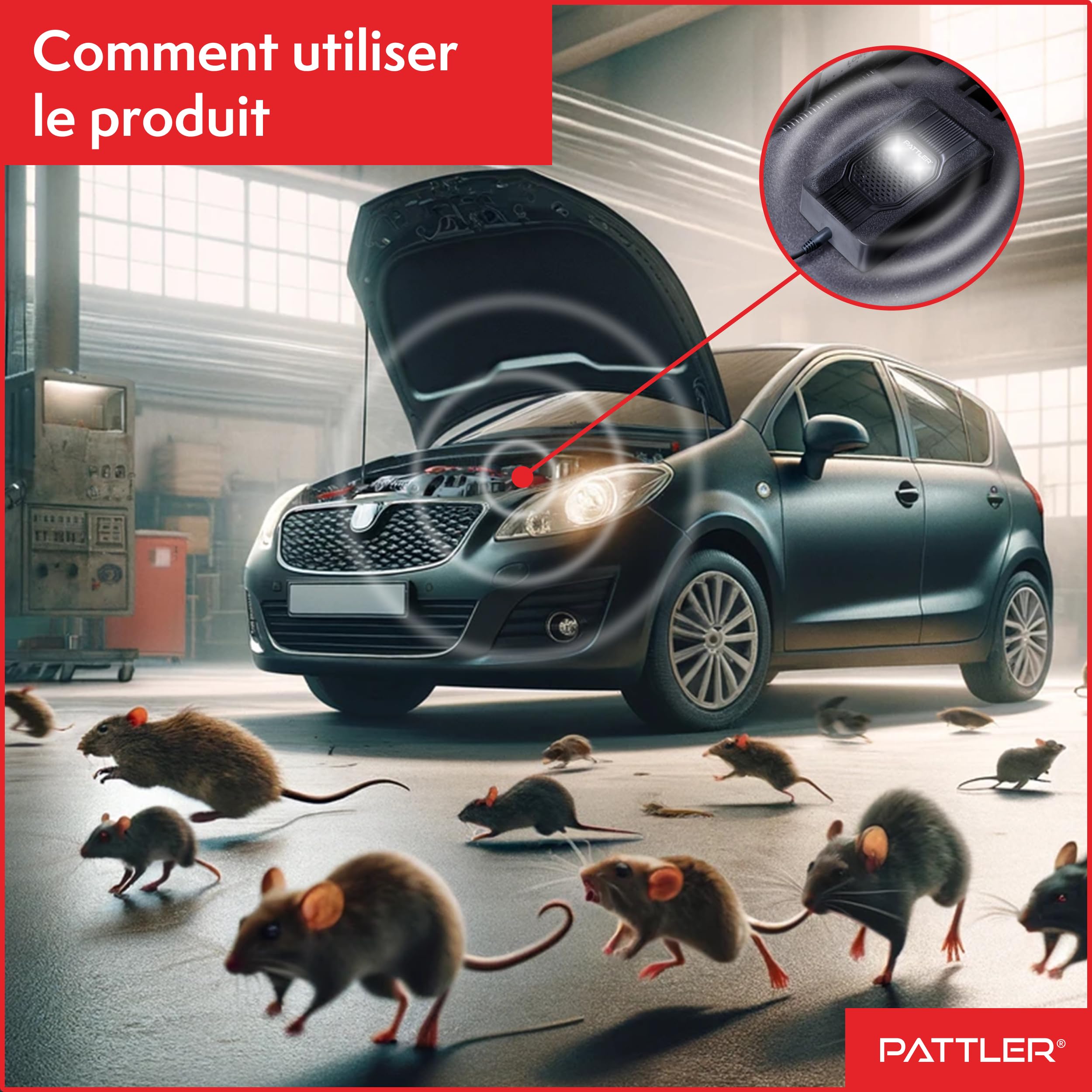 PATTLER® Anti Martre à Ultrasons avec Lumière – Répulsif Anti Martre pour Voiture avec Alimentation 12V, Piles AA ou USB, Protection Efficace contre les Martres. 1 Unité