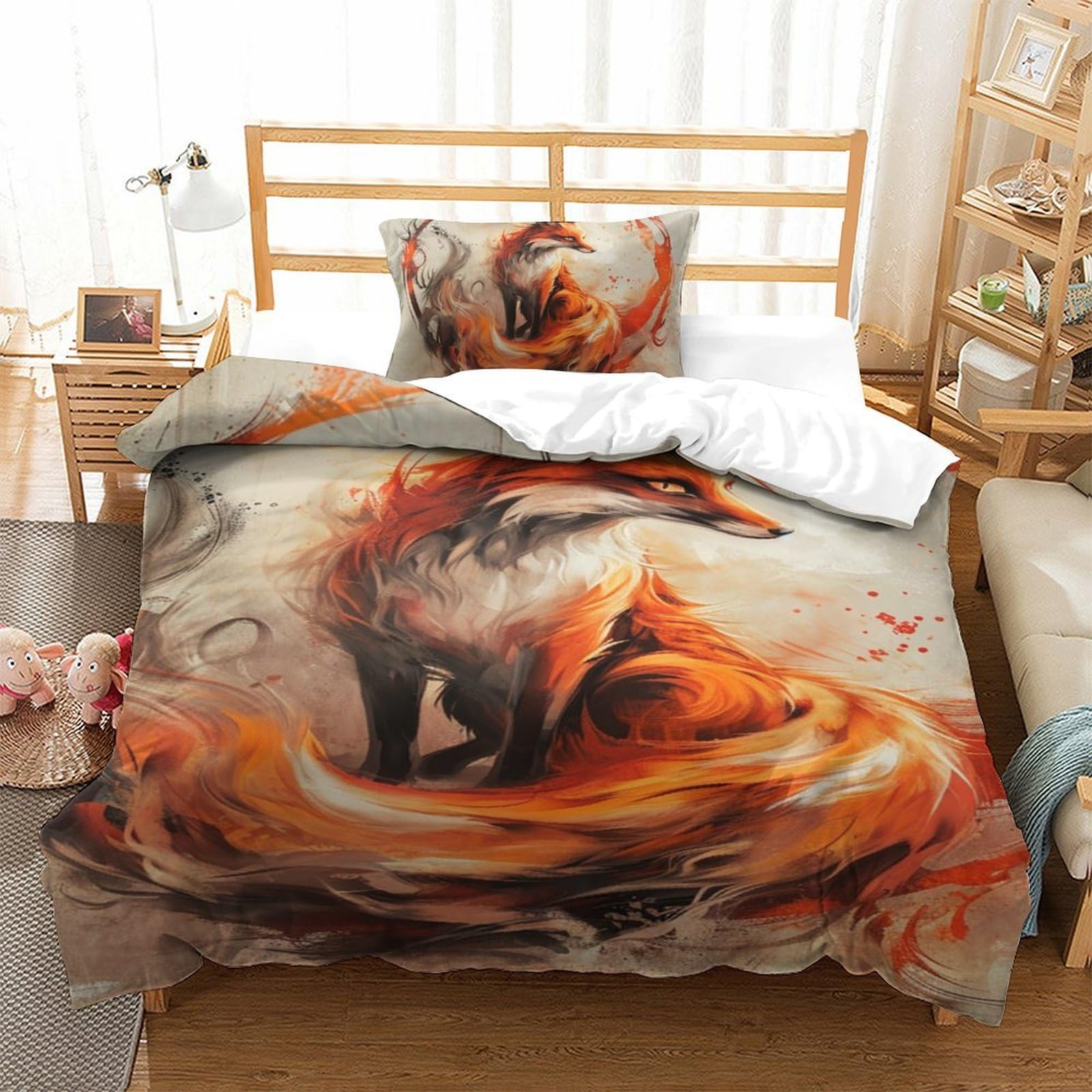 Parure de lit renard housse de couette 135x200 microfibre respirante lit simple 2 pièces