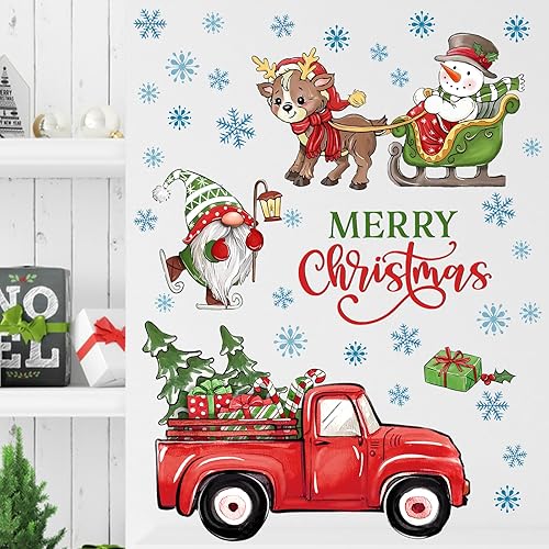 Miniatura 5 de Mfault Calcomanías de pared de gnomo de muñeco de nieve de Feliz Navidad, árbol de Navidad, alce, granja, camión rojo, copos de nieve, decoración de