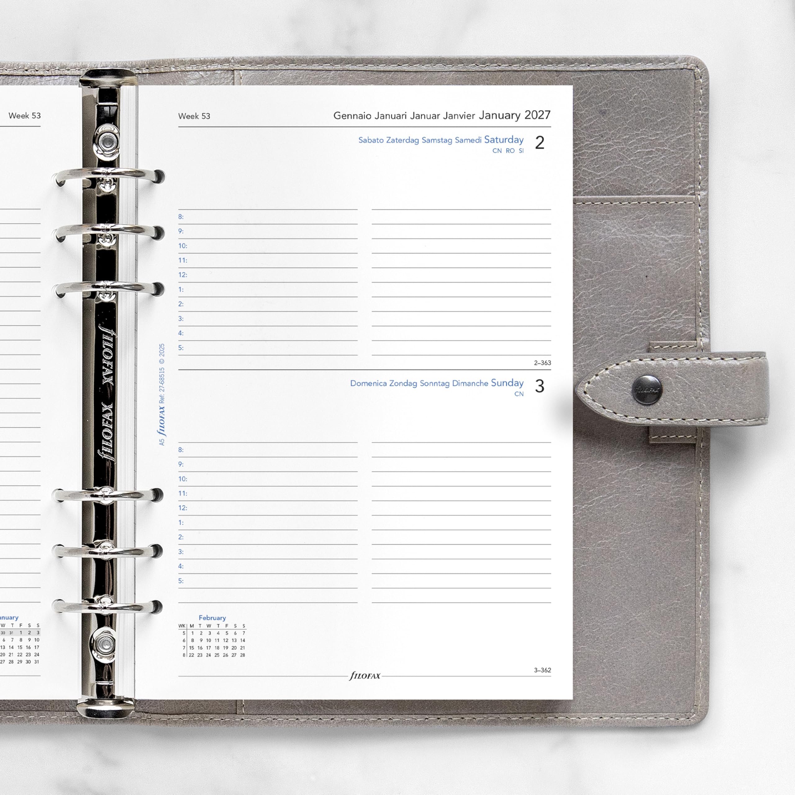 Filofax Recharge pour agenda 2027 format A5, 1 jour sur une page avec rendez-vous, papier blanc, multilingue : cinq langues, 2027 (C68515-27)