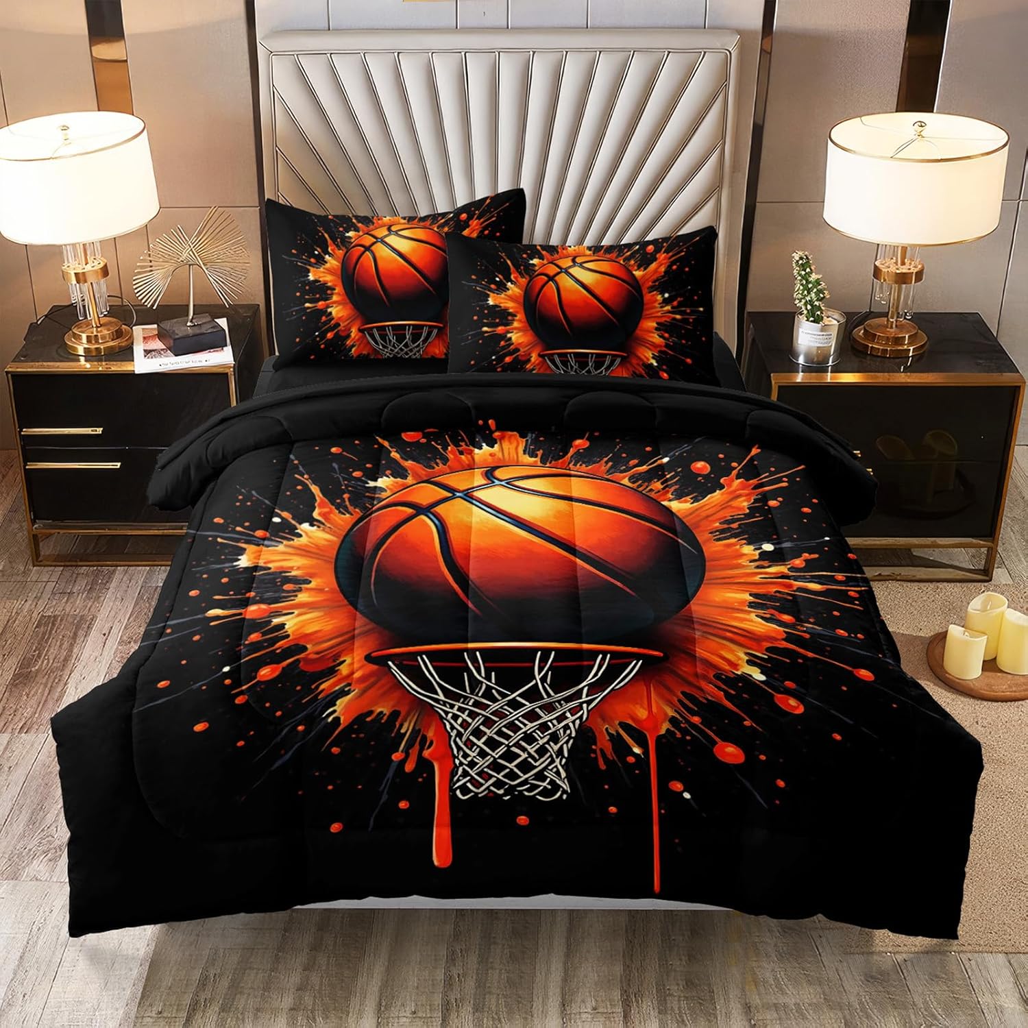 5 Pcs Basketball Full Bedding Set for Boys Teens, Full Size Sports Cool Basketball Boys Comforter Set with Sheets
