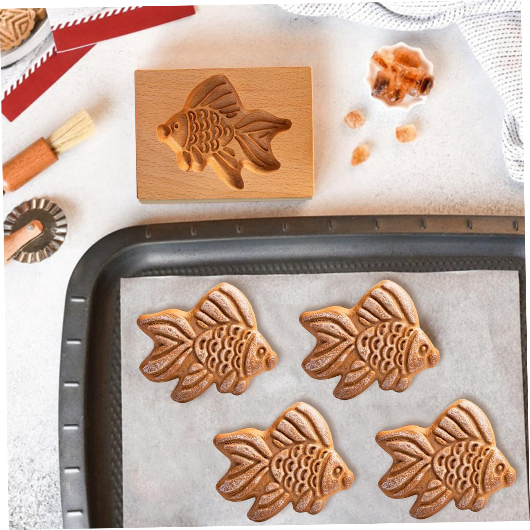 Drewniane foremki do ciastek, herbatniki, pieczątka na ciasteczka 2 szt. Foremka wykrawania ciasteczek w kształcie ryby 3D DIY Prasa Pieczenie kuchni Rzeźbione wypukłe ciasteczko
