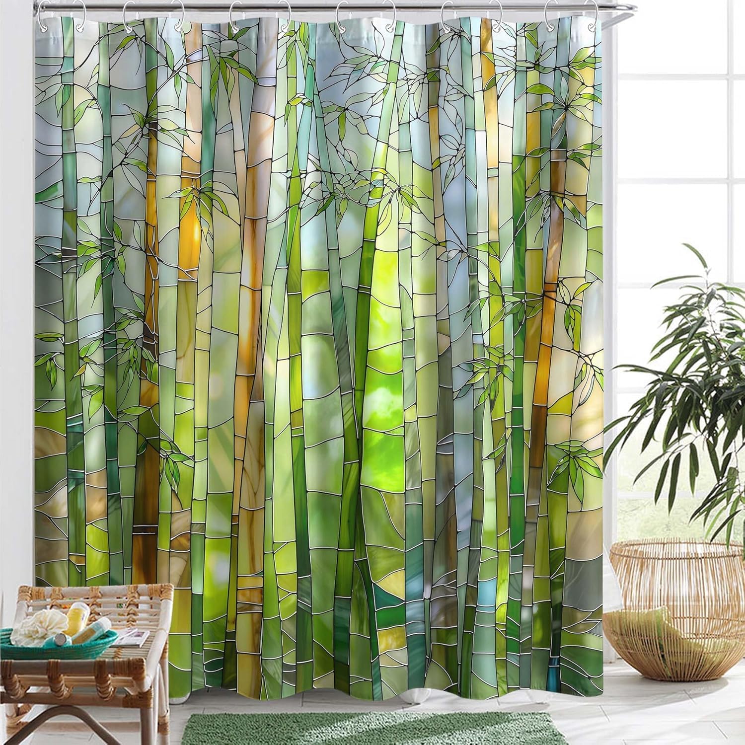 GLKSDLPO Extra Long Stained Glass Bamboo Shower Curtain – Green Nature Scene, Modern Garden-Inspired Bathroom Decor(80x180cm/31x71in(WxH)
