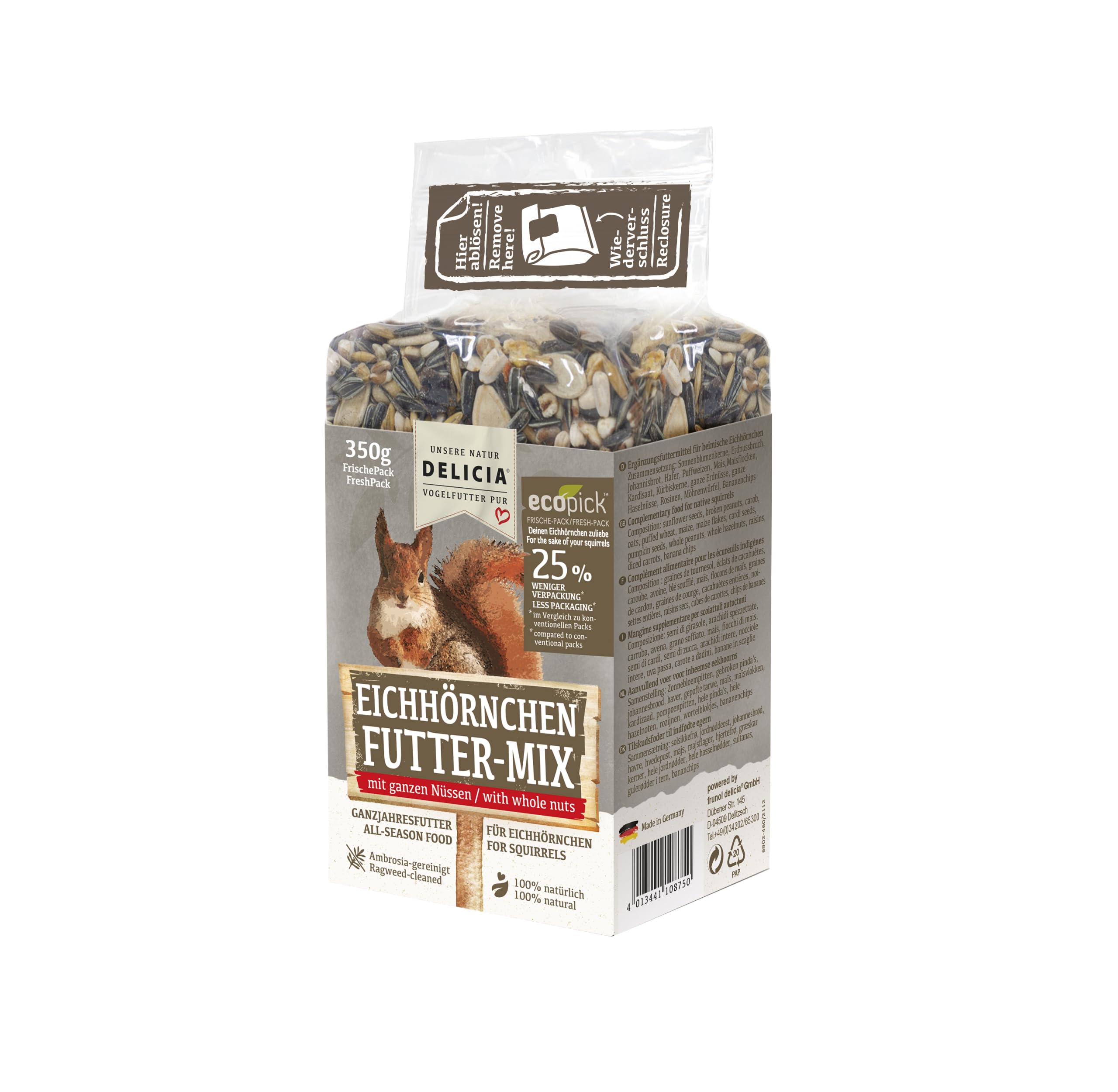 DELICIA Squirrel Food Mix (350 g) · Squirrel Food with Nuts, Fruits & Seeds · All-Year Food for Winter & Summer · Scattered Food for Rodents · 100% Natural