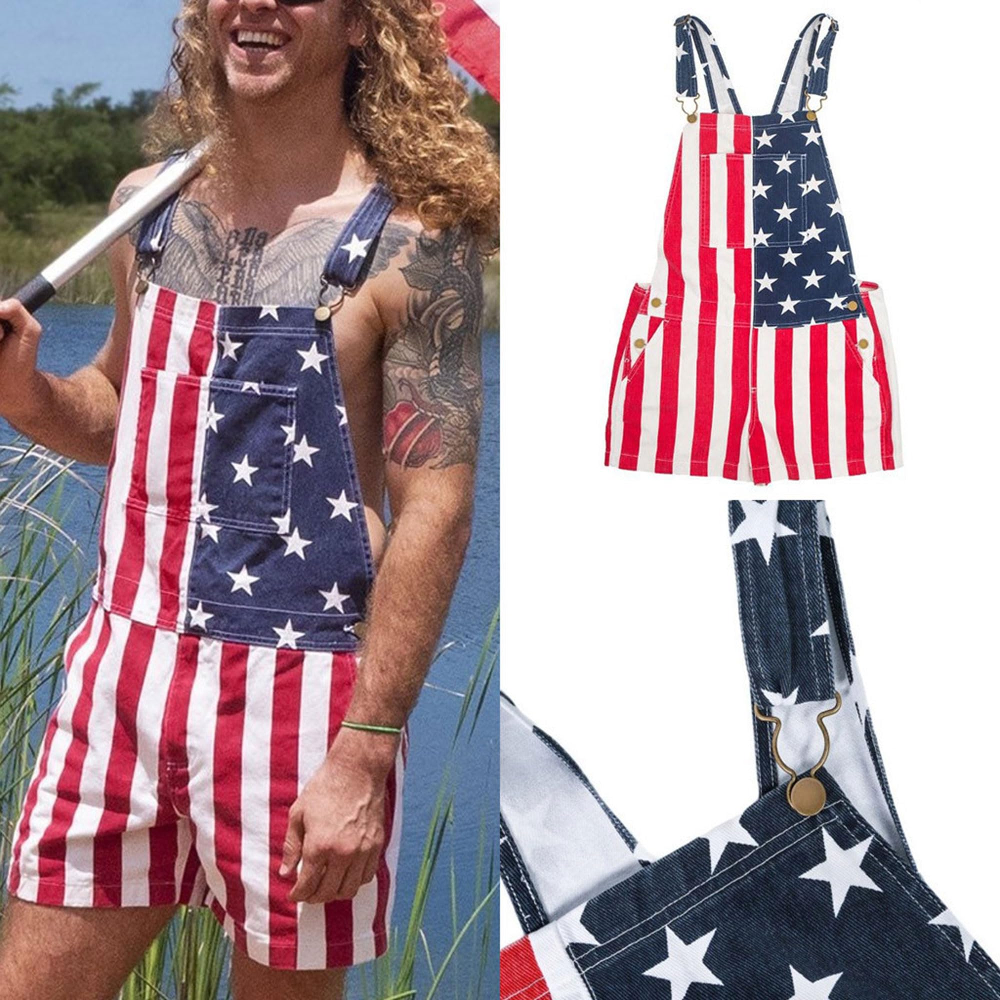 Jueshanzj Herren Sommer American Flag Latzhose Strampler Shorts Strampler Verstellbare Träger Jumpsuits