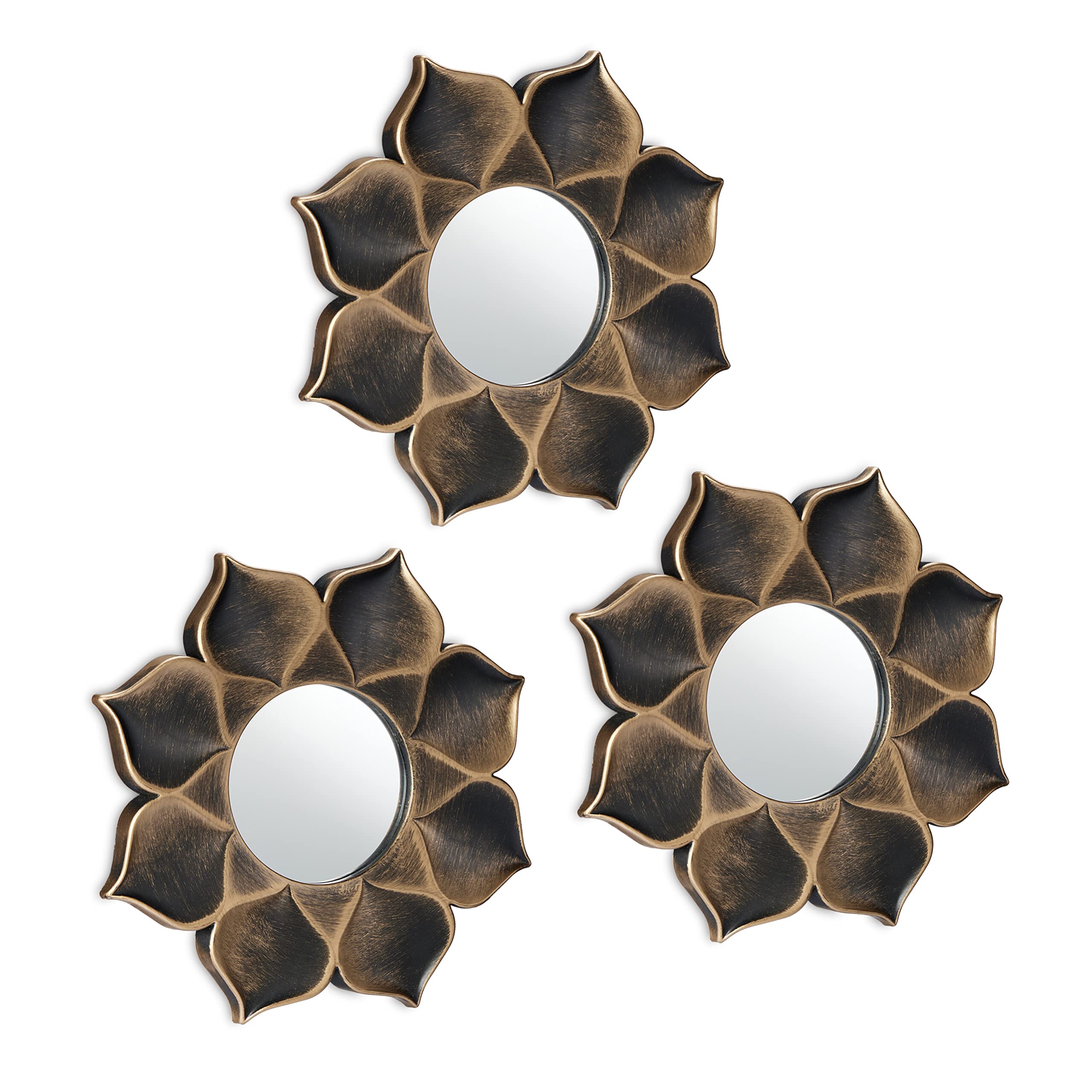 Relaxdays Espejos Pared Diseño Flor Set 3, Redondos, Ø 25 cm, Salón, Hogar, Decoración, Marcos Plásticos, Dorado y Negro, 25 x 2 cm Aprox