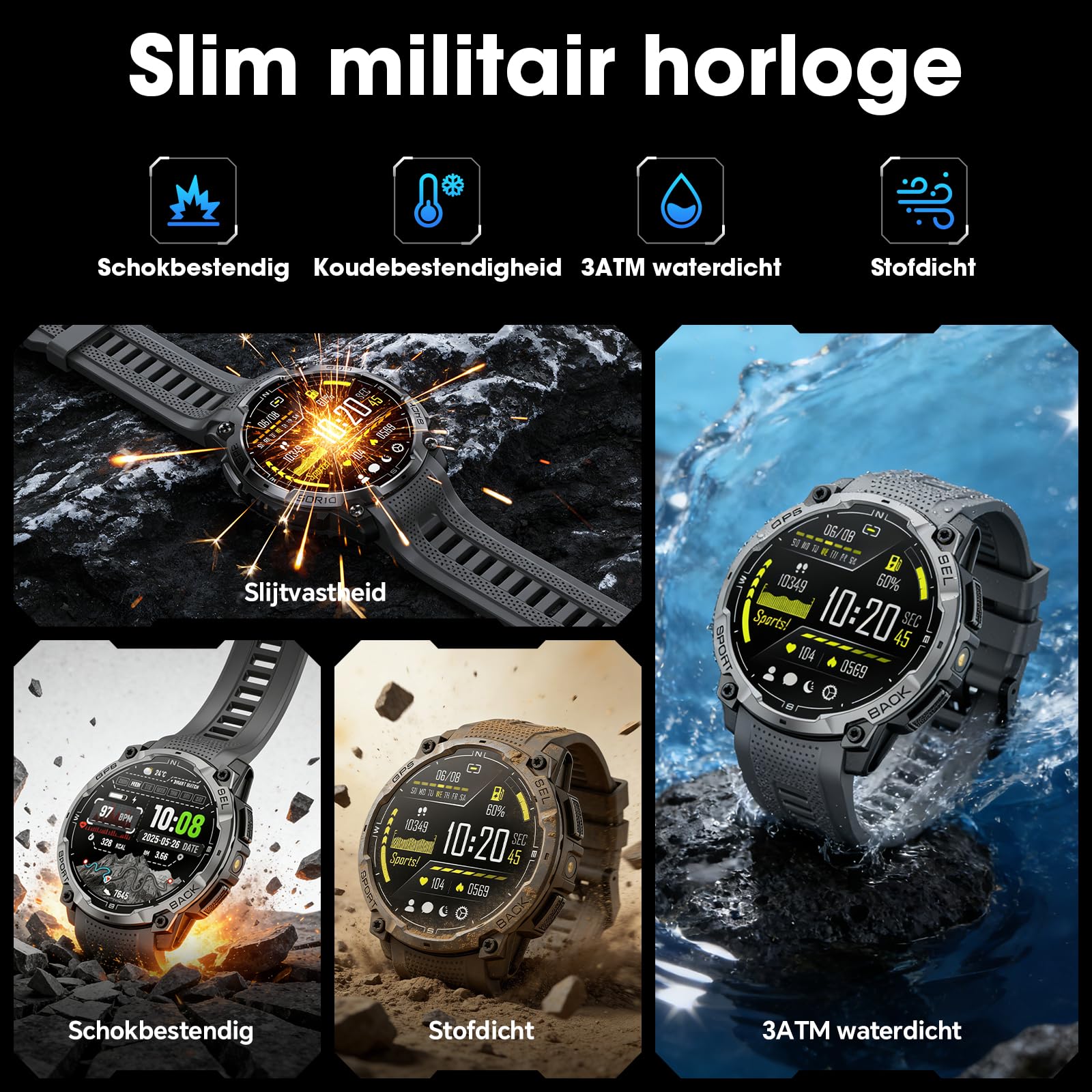 Reloj Inteligente Hombre Militar con GPS, 1.43" AMOLED HD Smart Watch con Llamada Bluetooth, Linterna LED, Brújula, Pulsómetro, 100+ Modos Deportivos, 3ATM Impermeable Reloj Deportivo para Android iOS