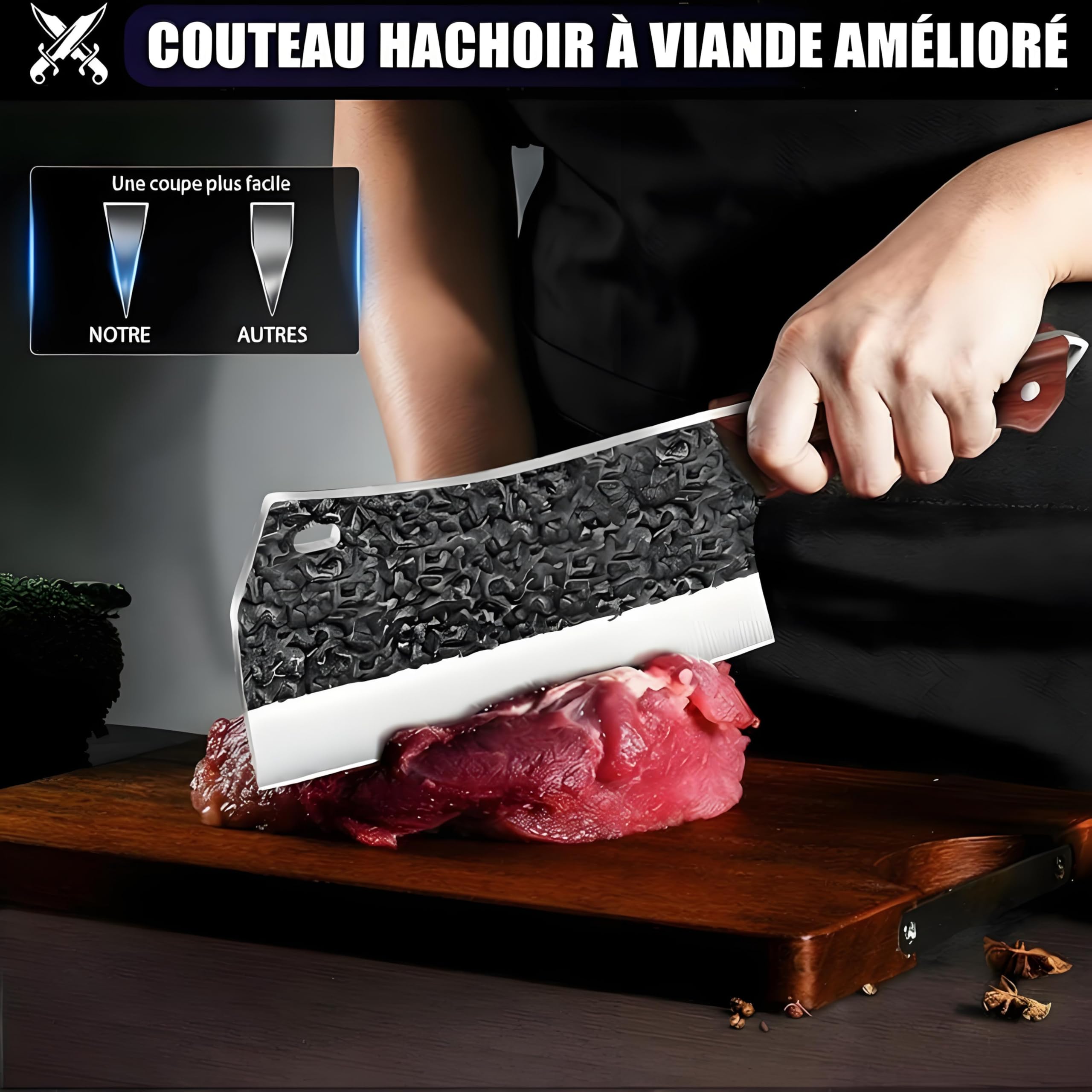Set de 4 Couteaux de Cuisine Butcher (Couteau Chef Serbe 8", Couteau à Viande 8", Couteau à Désosser 6.5", Couteau à Aiguiser 12"), Acier Inoxydable Haut Carbone, Revêtement Anti-Adhérent Martelé