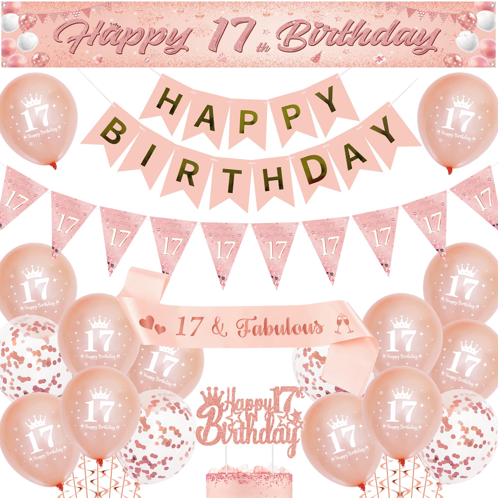 17th Birthday Decorations Banner Girls - Rose Gold Party Balloons Set with Pennant Sash, Happy 17 Years Old Birthday Yard Banners and Cake Topper for Girl Party Supplies