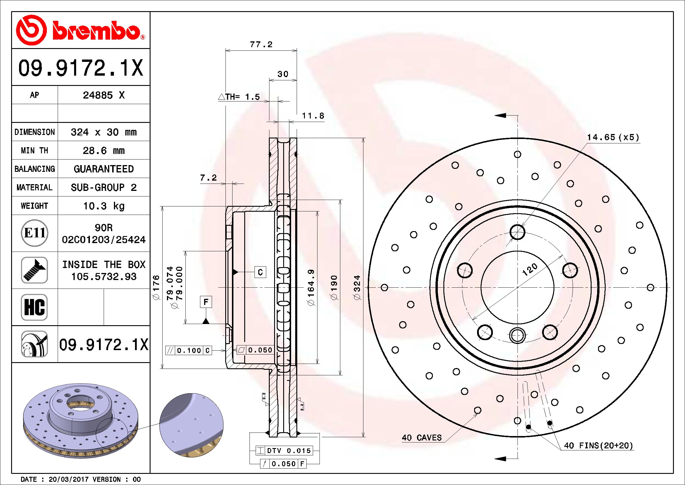 Brembo Xtra 09.9172.1X - Disco de freno perforado delantero (1 unidad)
