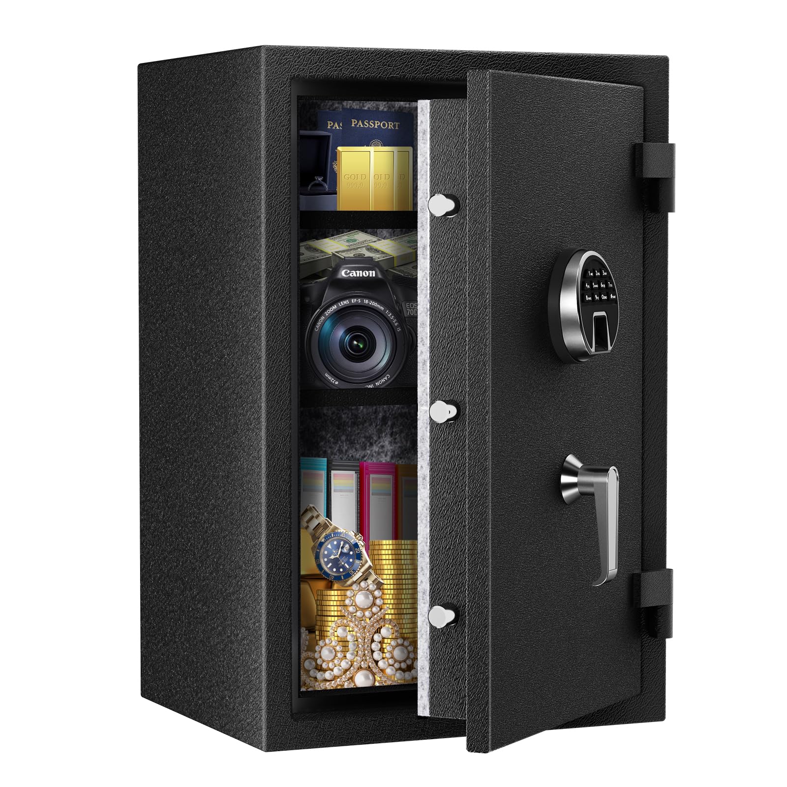 WASJOYE Fireproof Safe Box, Fingerprint Safety Box, Biometric Home Safe with Digital Backlit Keypad and Removable Shelf, Heavy Duty Money Safe with Dual Alarm System for Home Hotel Office, 66L