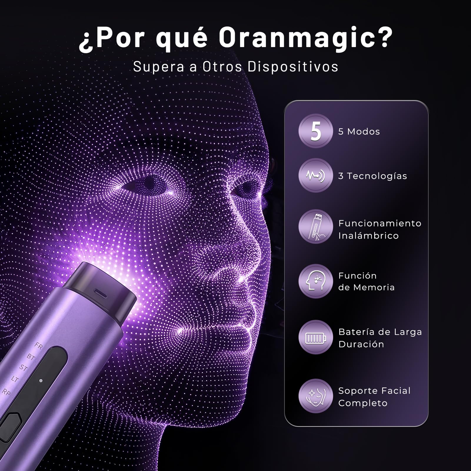 Aparato Radiofrecuencia Facial, 5 en 1 Masajeador Facial de Microcorriente, Dispositivo Eléctrico de Belleza Antiarrugas, Antiacné, Reafirmante y Lifting para Rostro y Cuello (Púrpura)