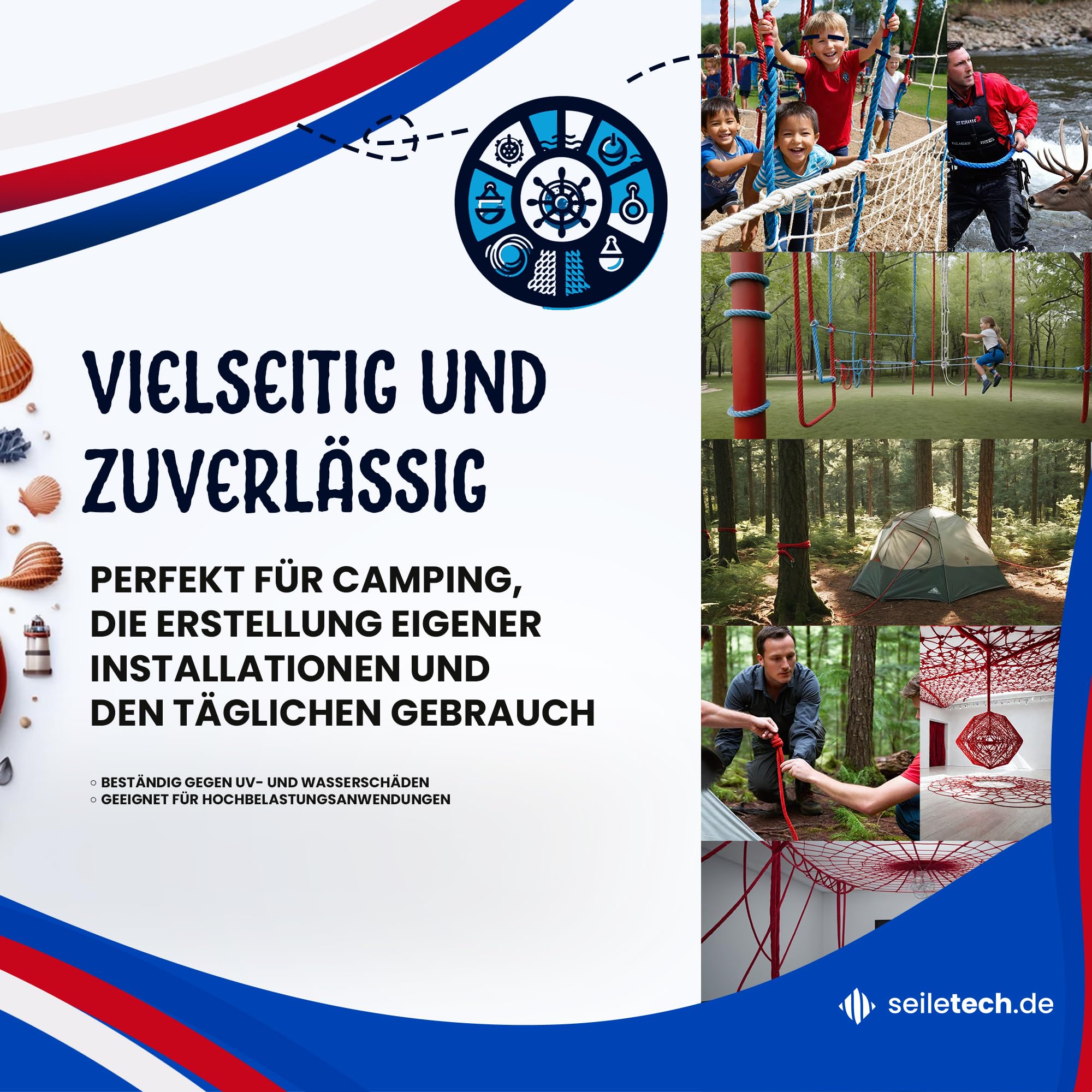 Polyesterseil – 12mm – 30m – Weiss mit blau Flecken – Schotseil – Kordel – 16-Fach geflochten – guter Griff