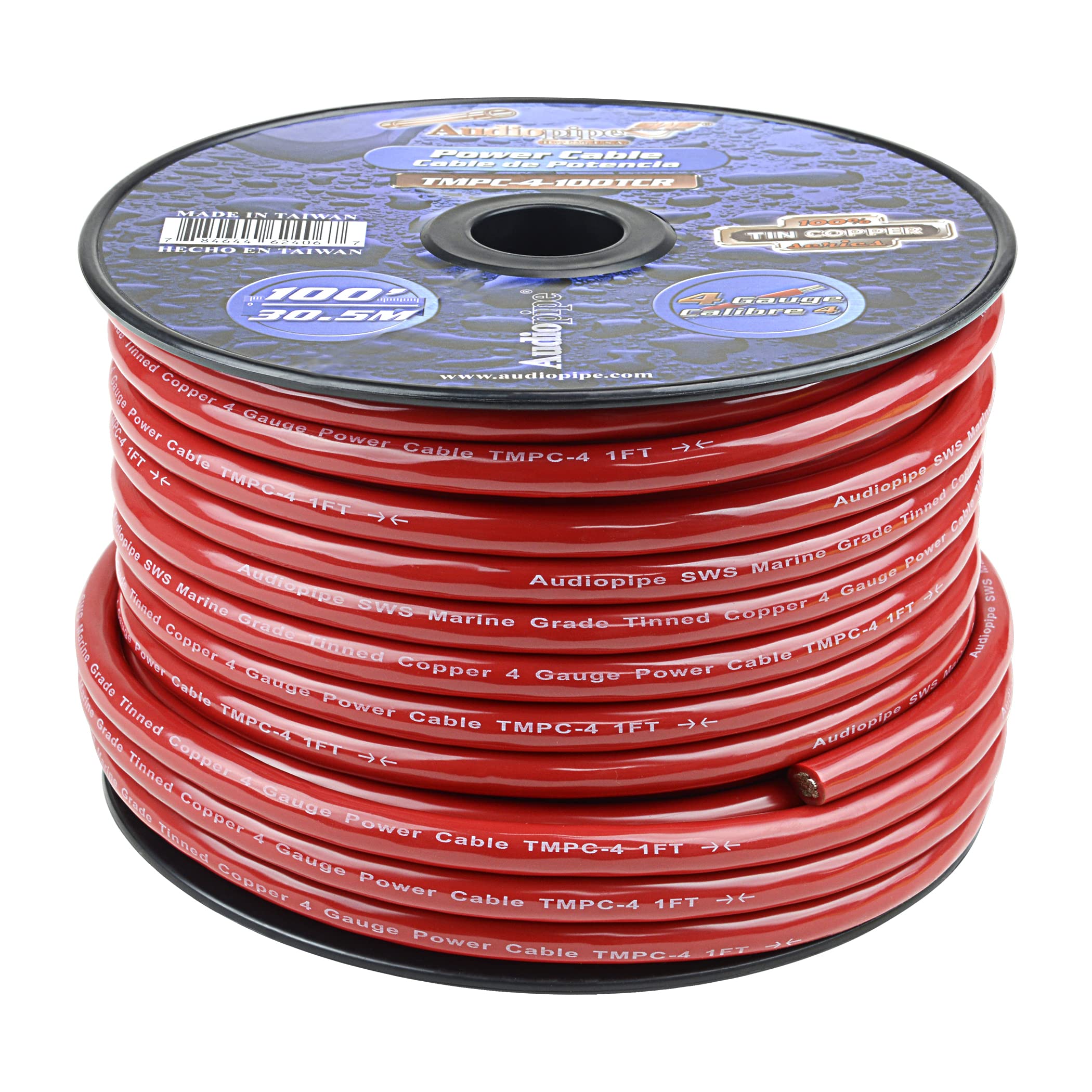 Audiopipe Marine 4 Gauge Power Cable Flexible Tinned Copper, Marine Grade, Red 100 feet (TMPC-4-100TCR)