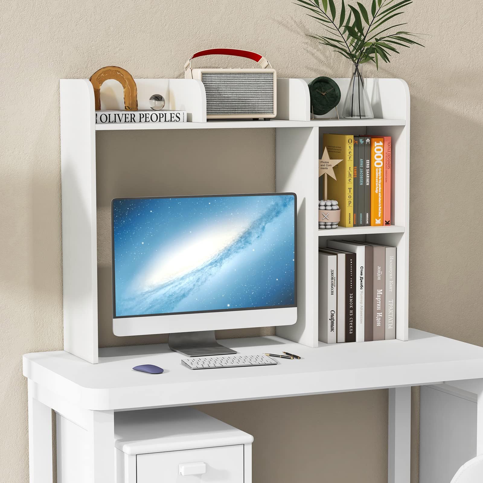 GOPLUS Schreibtischregal, Schreibtisch Bücherregal mit 5 offene Ablagen, Tischregal Desktop Organizer Regal für Büro & Arbeitszimmer, 94 x 25 x 74 cm (Weiß)