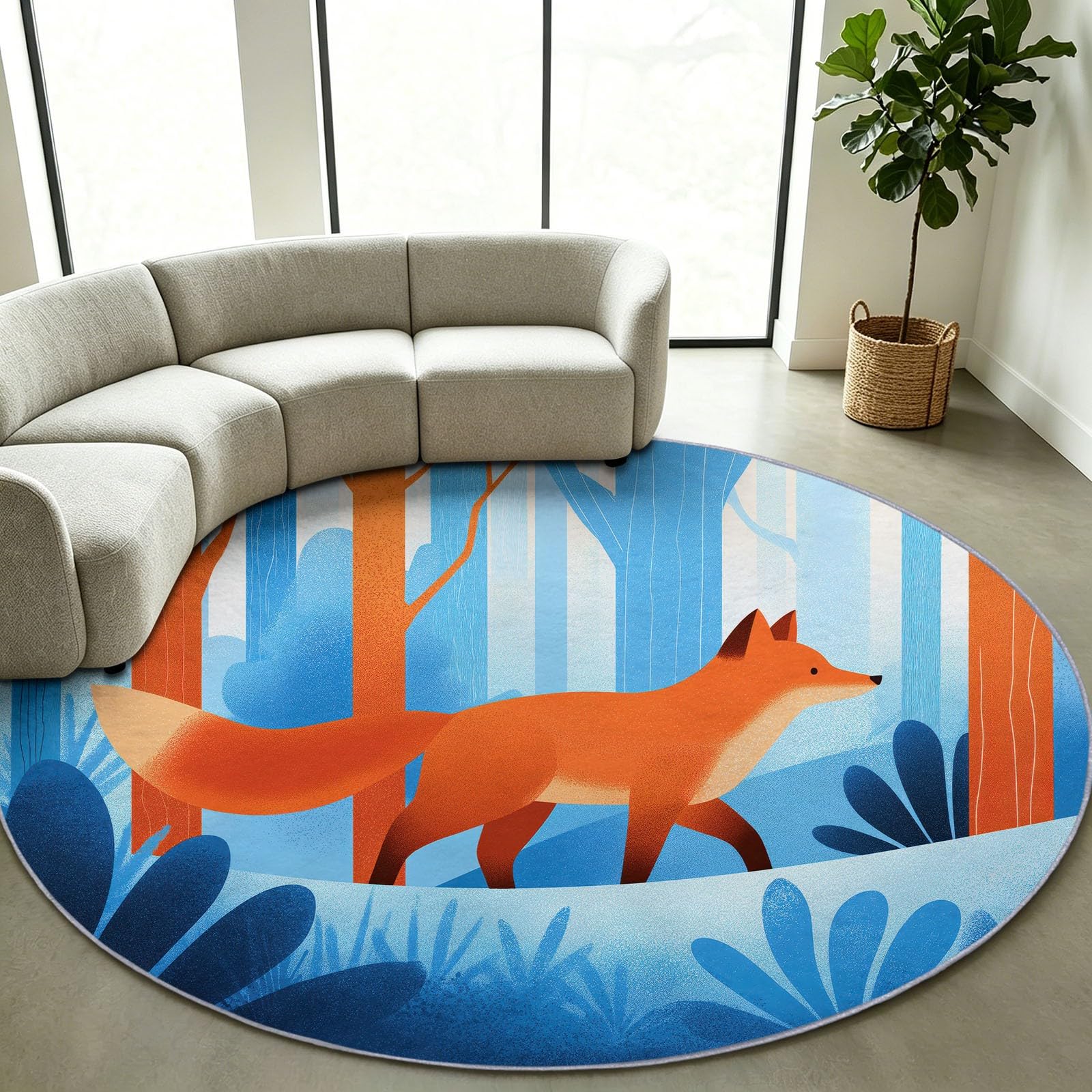 Tappeto rotondo con volpe e foresta innevata, antiscivolo, morbido e accogliente, in finta lana stampata, bordo stretto, tappeto decorativo in stile cartone animato, ideale per soggiorno, ingresso